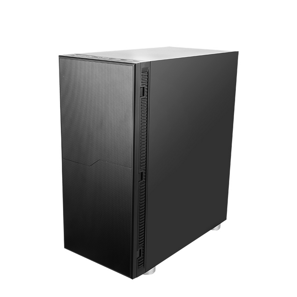 Ein schwarzes und graues Computergehäuse steht auf weißem Hintergrund. Das Gehäuse ist rechteckig mit einer strukturierten Frontplatte.
