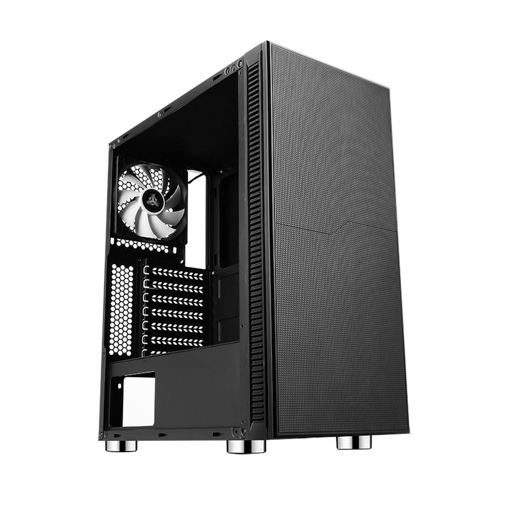 Una custodia per computer nera è mostrata, con una ventola visibile all'interno. La custodia ha un pannello frontale perforato e poggia su piedini metallici.