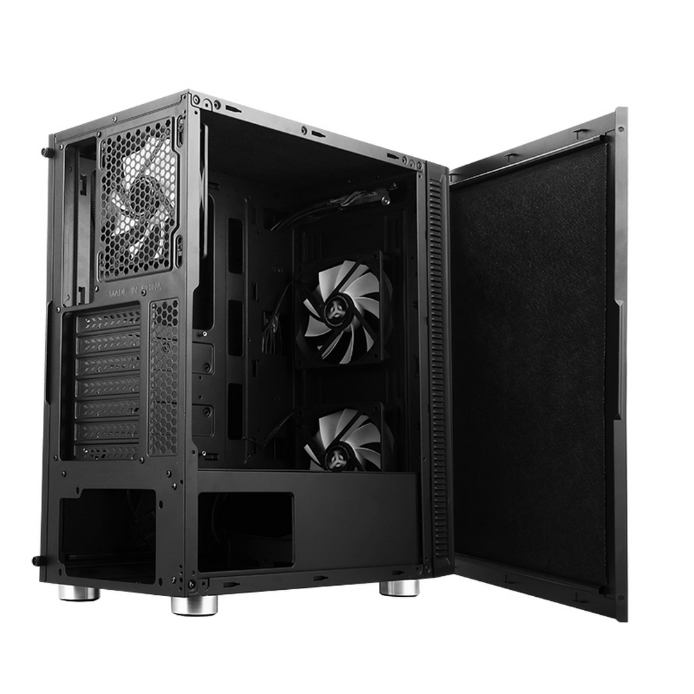 Case per computer nero con pannello laterale aperto. Due ventole visibili all'interno, una sul retro. Il pannello frontale ha una rete nera.