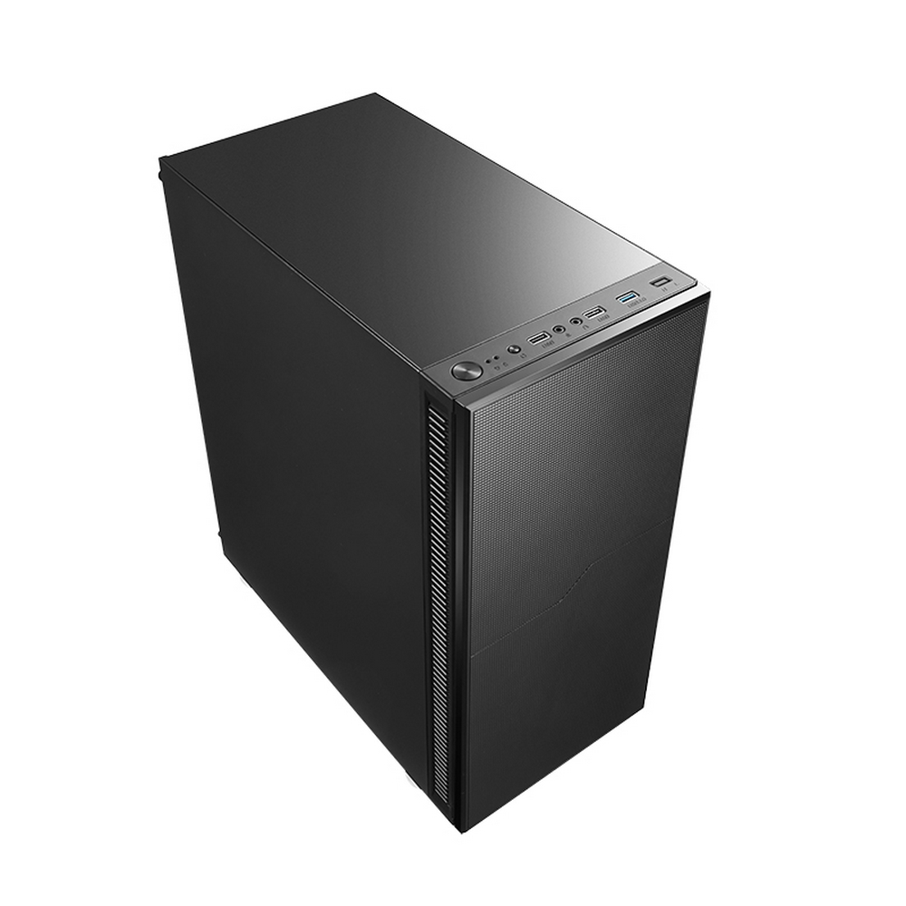 Un case per computer nero è mostrato dall'alto, con un pannello frontale strutturato e una serie di porte in alto.