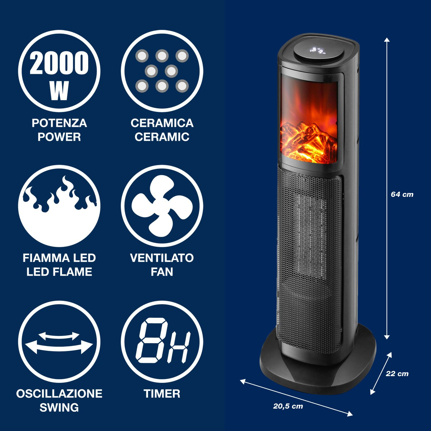 Un caminetto elettrico nero con un display a fiamma finta. Le caratteristiche includono timer, ventola e funzione oscillante. Dimensioni 64x22x20,5 cm.
