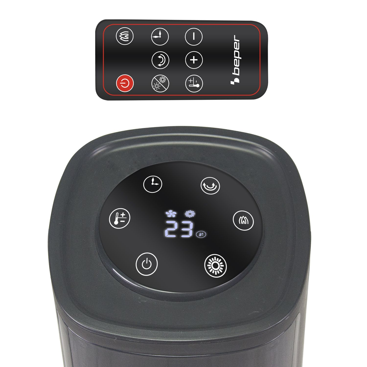 Un ventilatore nero con telecomando. Il ventilatore ha un display digitale che mostra '23'. Il telecomando ha diversi pulsanti. Marchio 'beper'.