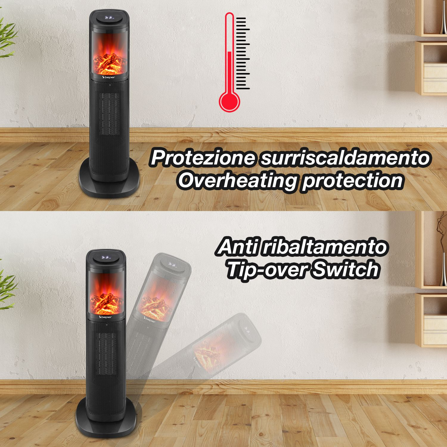 L'immagine mostra un termoventilatore elettrico nero con effetto fiamma. Il testo menziona la protezione da surriscaldamento e l'interruttore antiribaltamento.