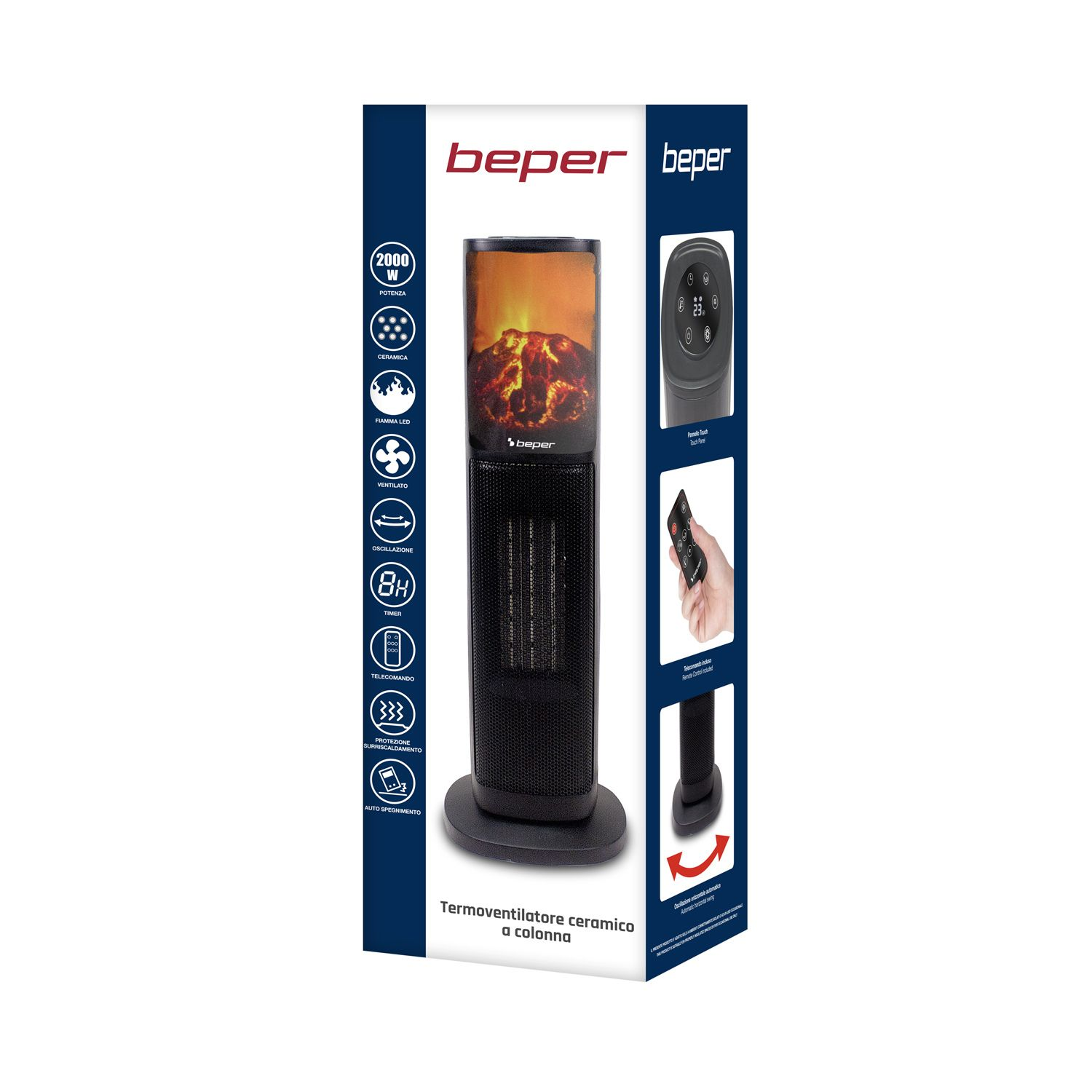 Termoventilatore ceramico Beper nero con telecomando e pannello touch, con fiamma LED, timer e protezione surriscaldamento.