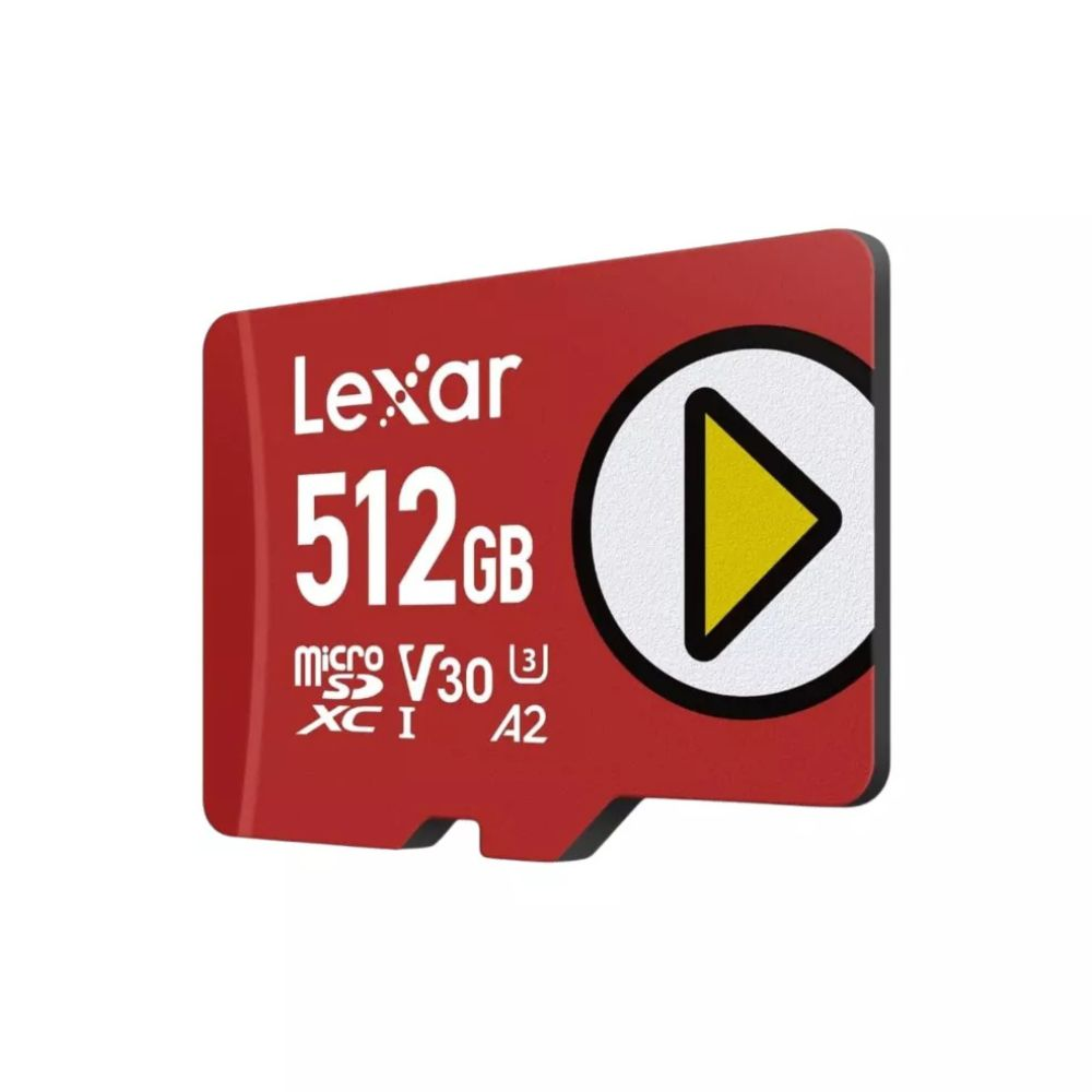 Scheda micro SD Lexar rossa da 512 GB con icona play. La scheda ha testo bianco e un triangolo giallo.