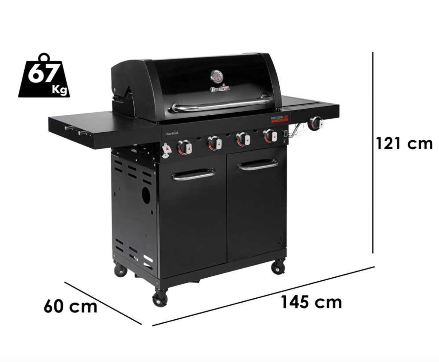 Griglia a gas nera Char-Broil. Dimensioni: 145cm x 60cm x 121cm. Ha due porte, quattro bruciatori e un tavolino. Pesa 67 kg.