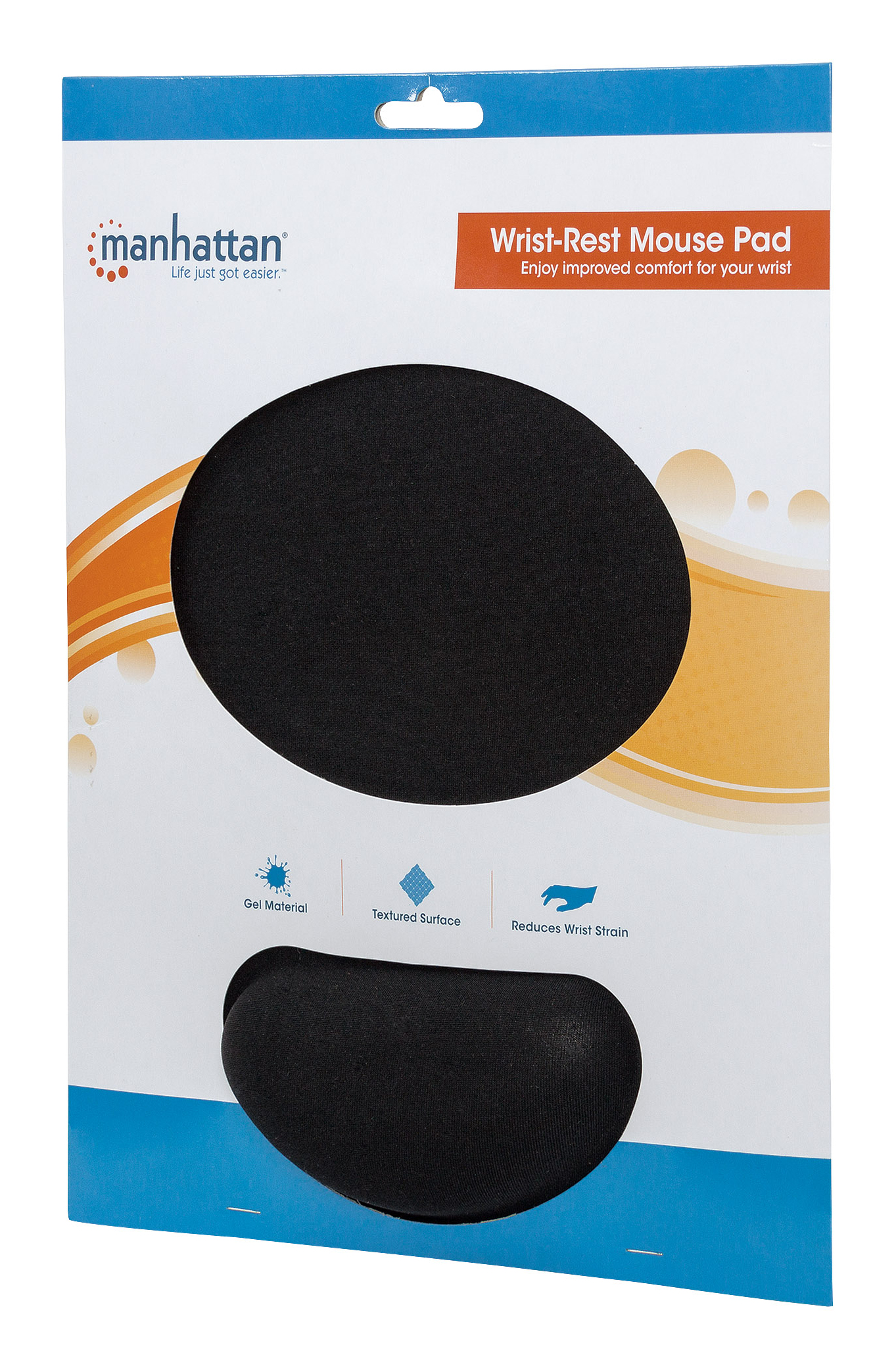 Un mousepad con poggiapolsi Manhattan sulla confezione. Ha un cuscinetto nero e un poggiapolsi, con testo e logo.