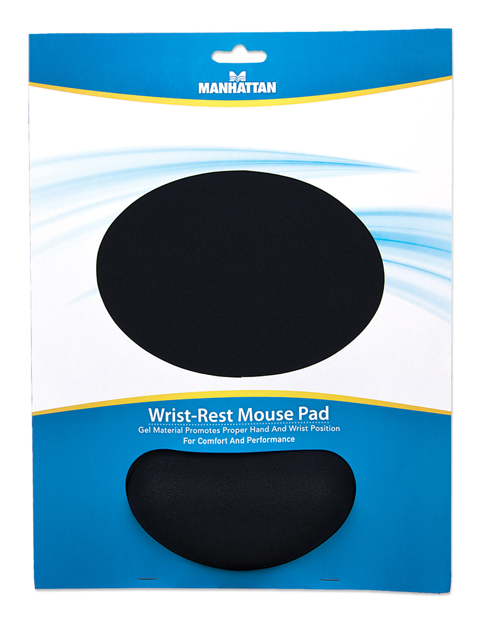 Una confezione per un mouse pad con supporto per il polso. Ha un design blu e bianco con un ovale nero e un supporto.