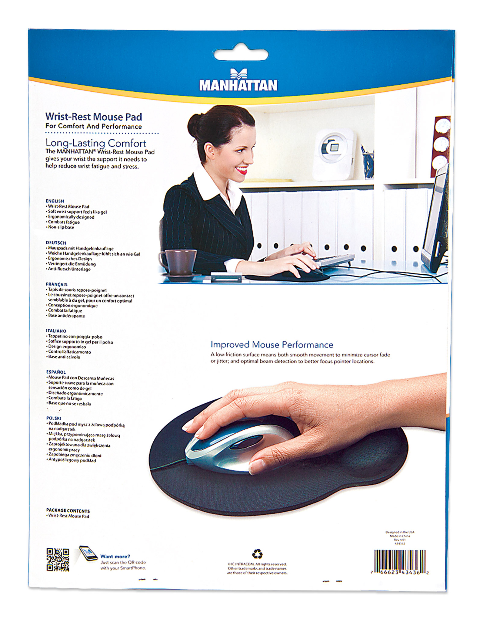 Una donna usa un computer. C'è un mouse pad con poggiapolsi. Una mano usa il mouse.