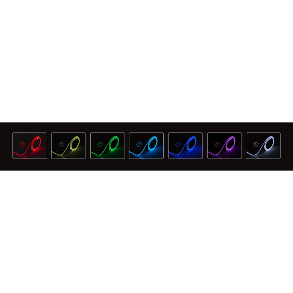 Una striscia di luci a LED in più colori: rosso, giallo, verde, blu, viola e bianco. Ogni colore ha un display corrispondente.