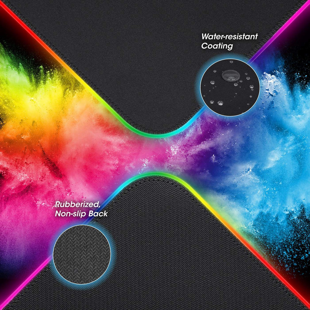 Tappetino per mouse con rivestimento resistente all'acqua e retro gommato antiscivolo. Mostra esplosioni di polvere colorate e un primo piano del retro.