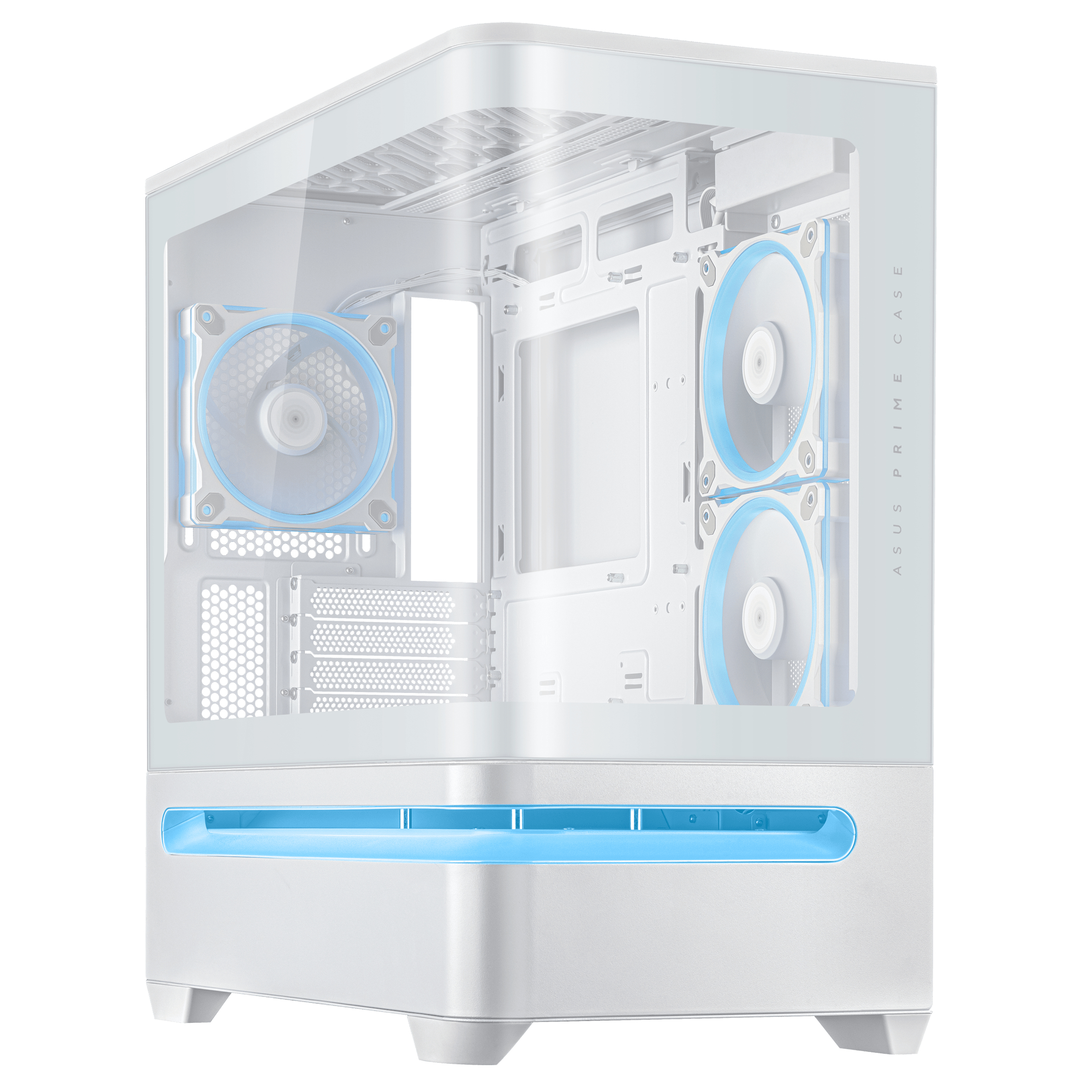 Case PC bianco con frontale in vetro. Sono visibili ventole LED blu. C'è il testo 'ASUS PRIME CASE' sul lato.