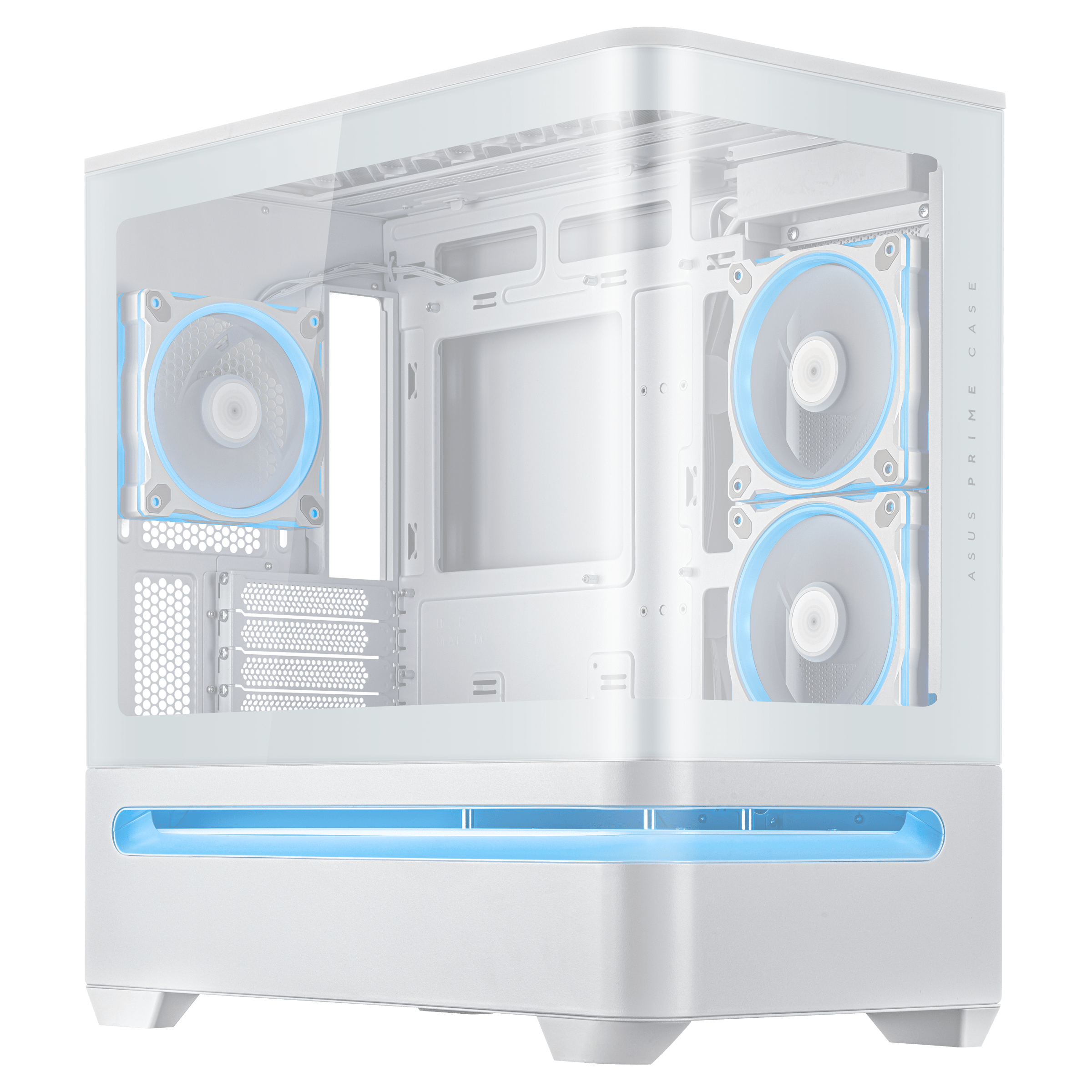 Case per computer bianco con pannello laterale in vetro, ventole LED blu e striscia LED blu in basso.