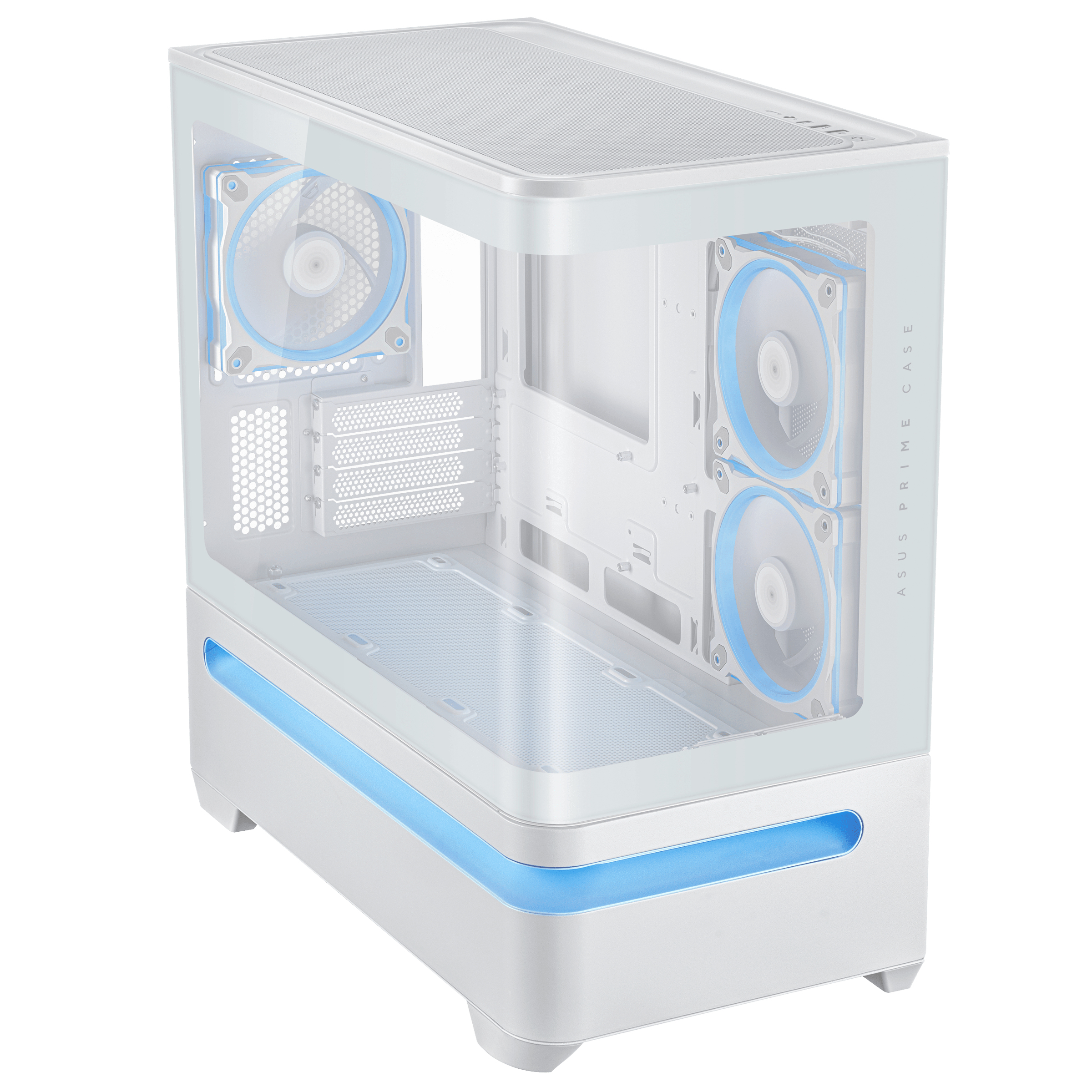Un case per PC bianco con dettagli e ventole a LED blu. Il case è trasparente e il logo ASUS Prime è visibile.