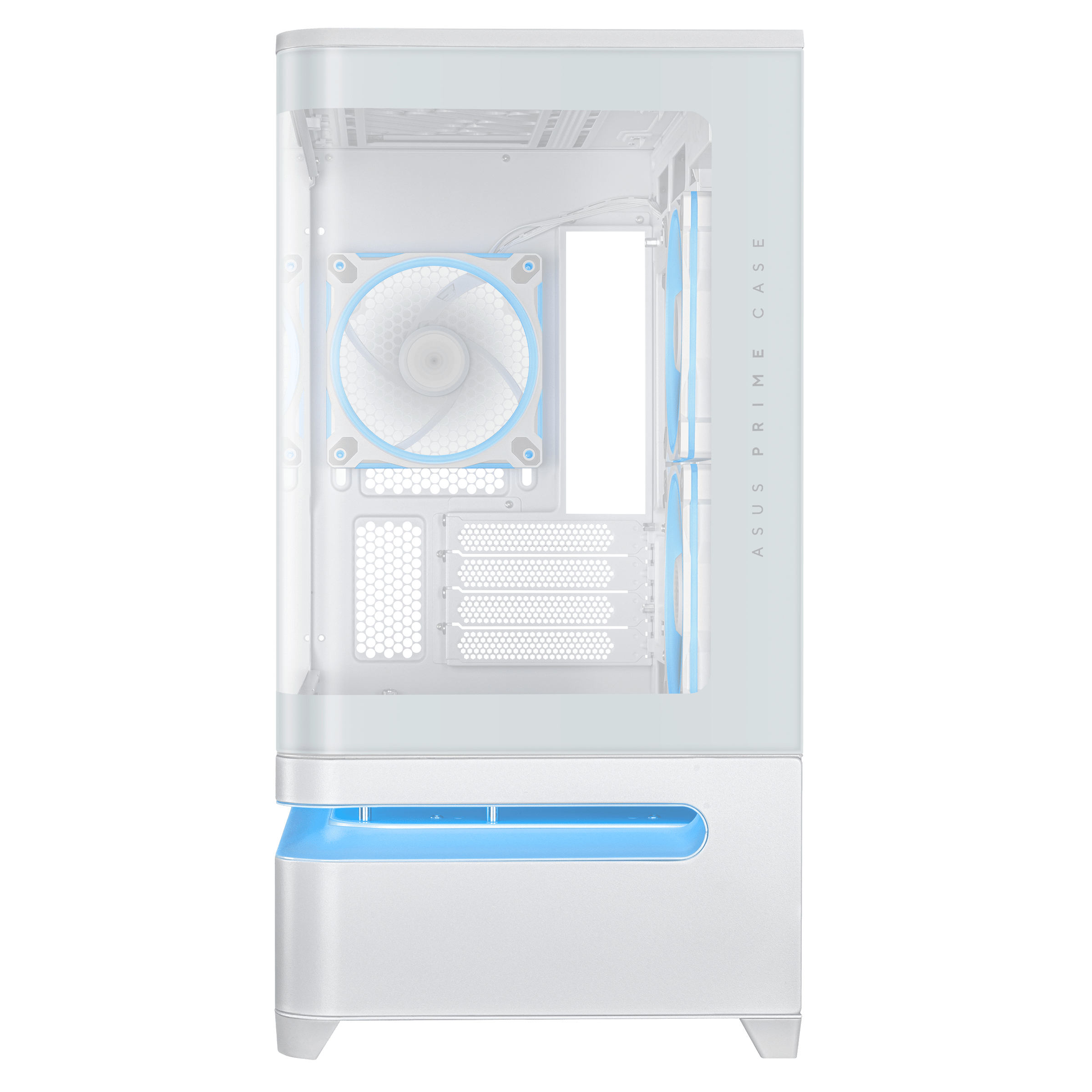 Un case per computer bianco con accenti blu. Ha un pannello laterale trasparente.