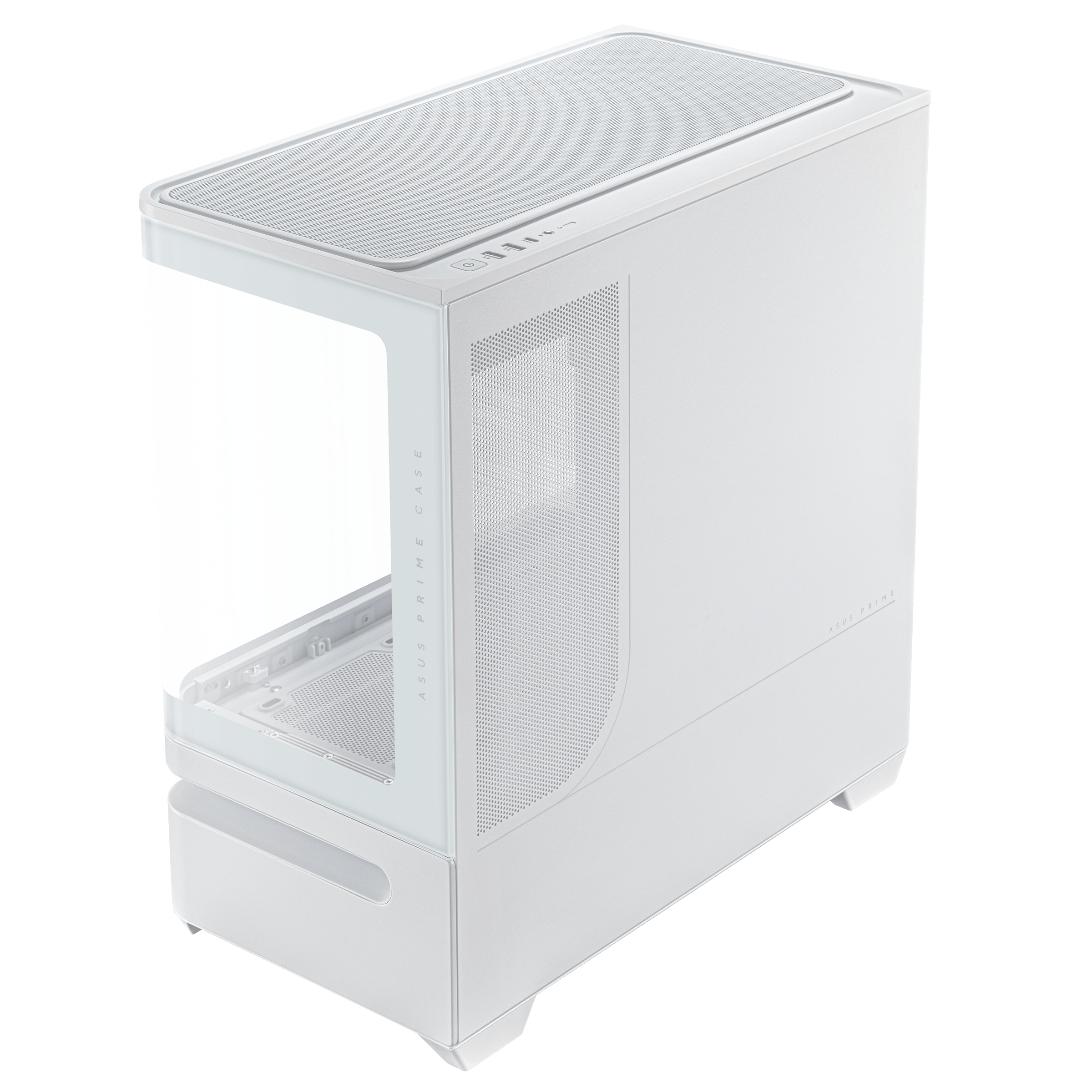 Case per computer bianco con parte superiore e pannello laterale in rete. ASUS PRIME CASE è stampato. Pulsanti di accensione visibili.