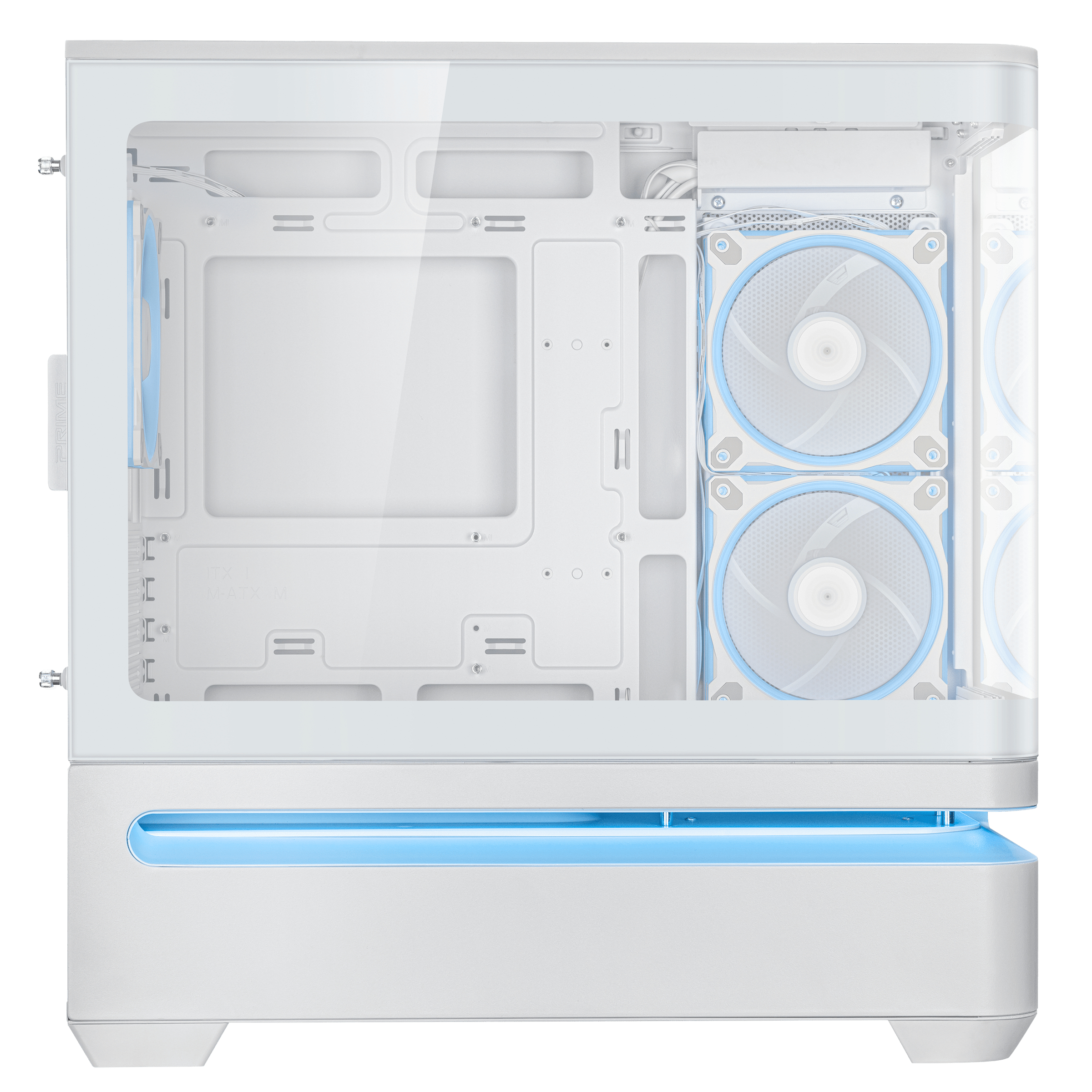 Un case per computer bianco con pannello laterale in vetro. Sono visibili ventole e luci LED blu. L'interno è vuoto.