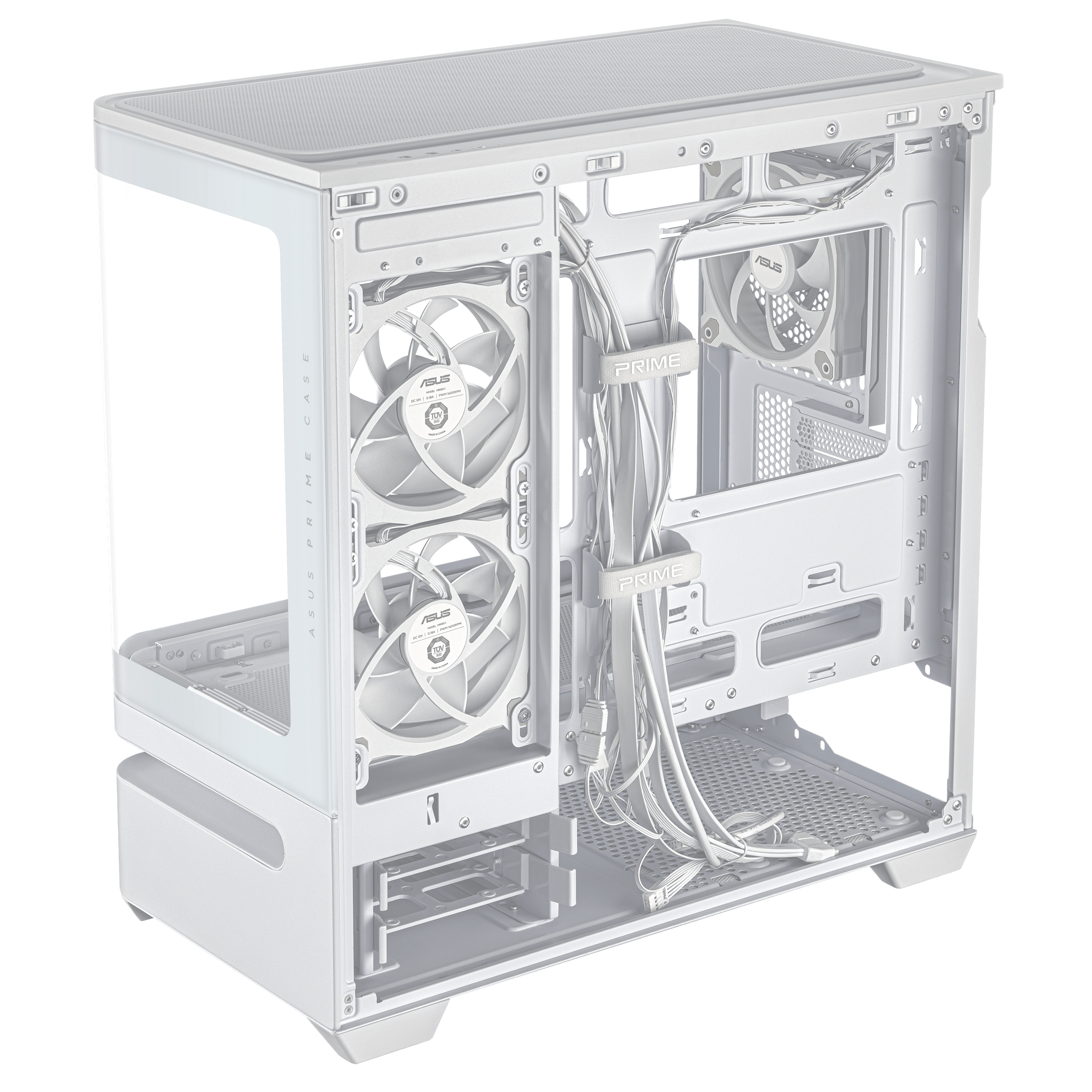 Un case per computer bianco con ventole e cavi. Il case è aperto, mostrando i componenti interni.