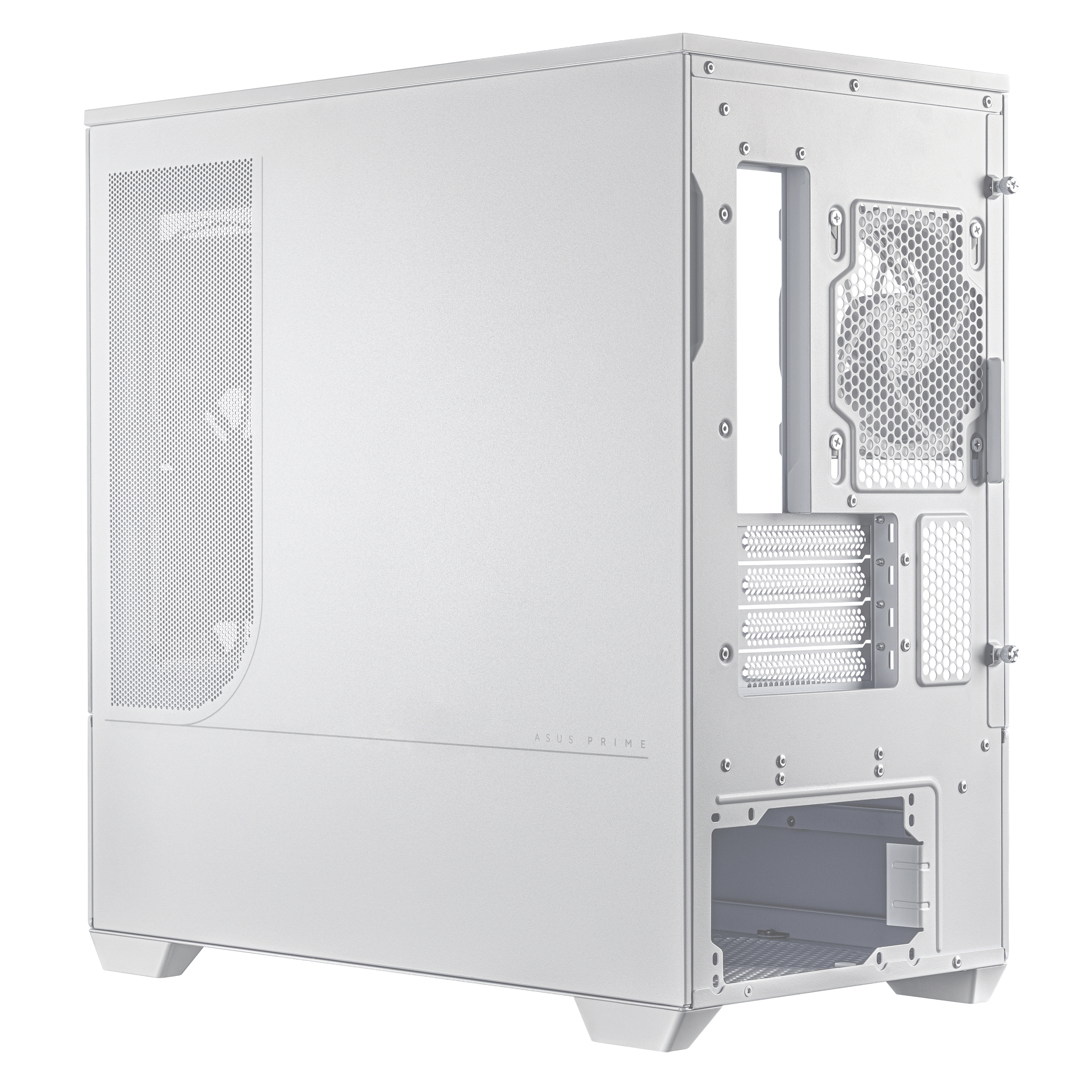 Un case per computer bianco. Ha un pannello laterale a rete e la scritta "ASUS PRIME" sul davanti.
