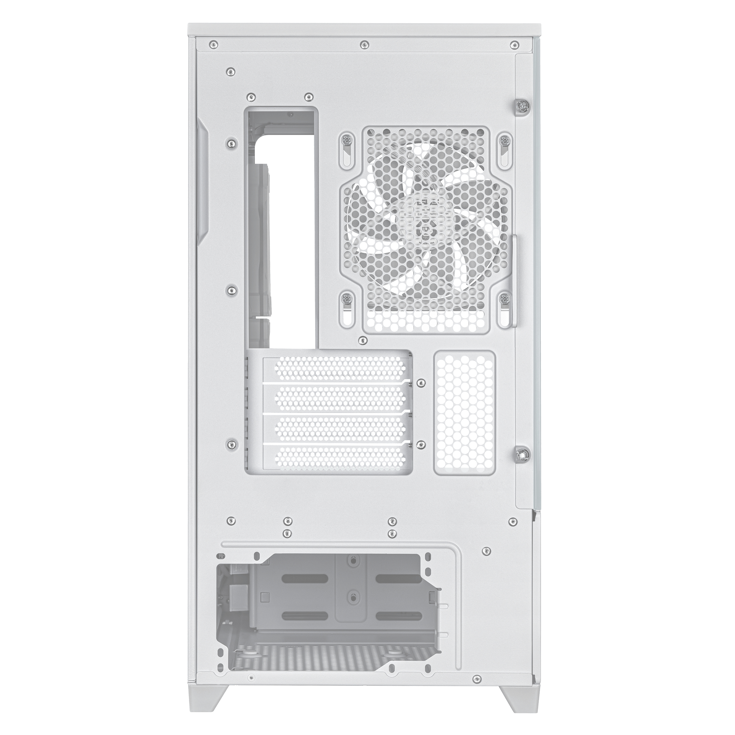 Retro del case del computer bianco. Include attacco ventola, griglie di ventilazione e aperture varie.