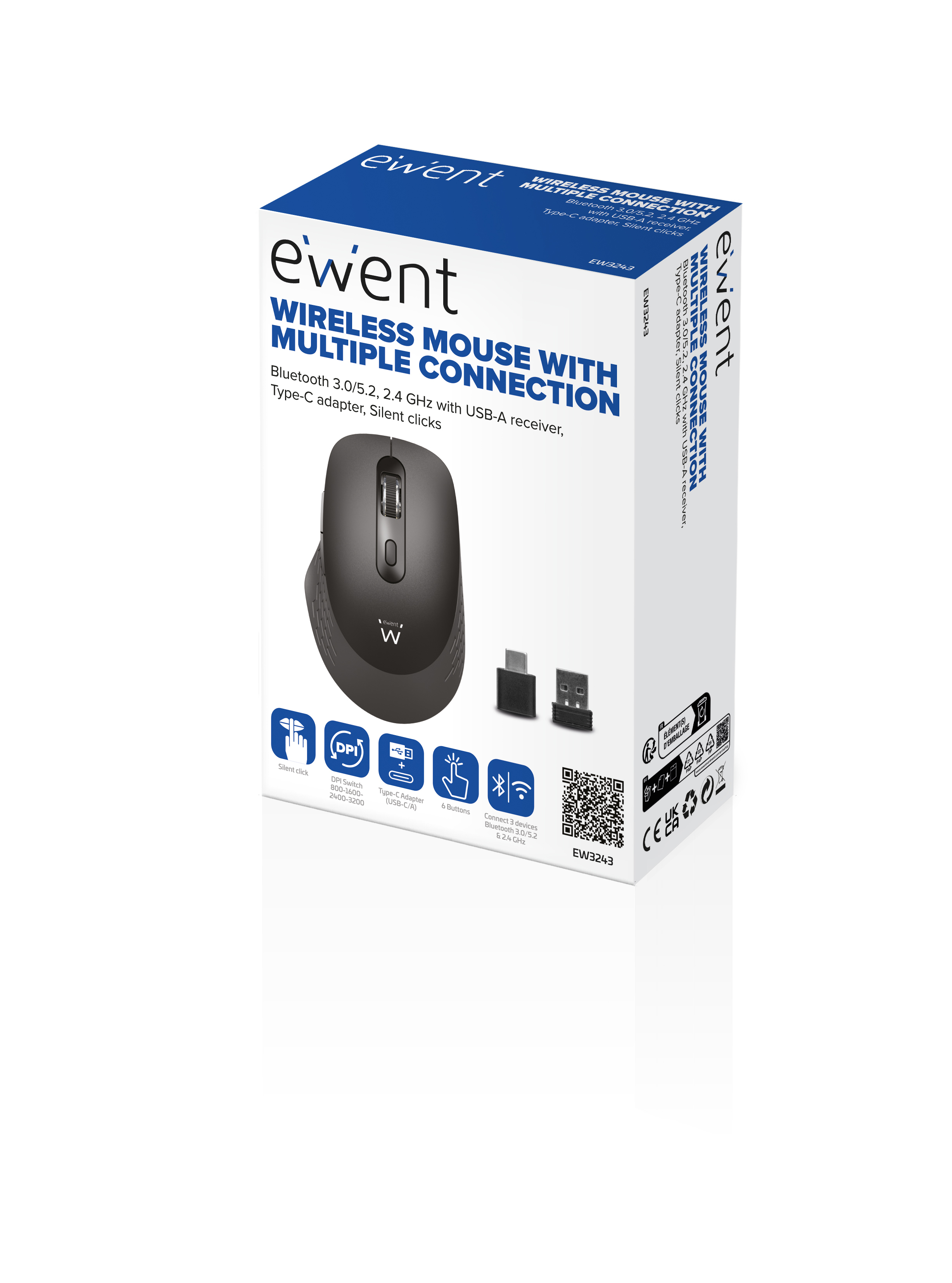 Una confezione di prodotto per un mouse wireless. Il mouse è grigio scuro. La scatola è bianca e blu.