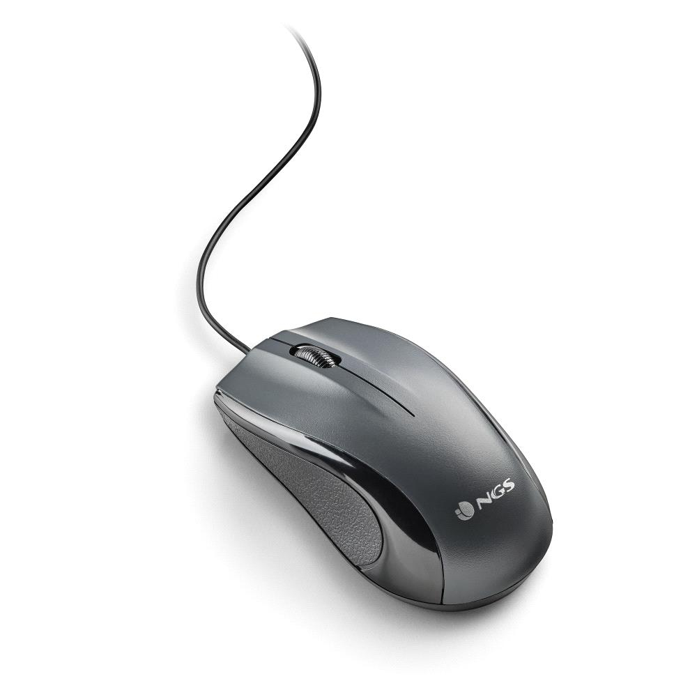 Un mouse grigio con cavo nero. Il mouse ha una rotellina e il logo NGS. Su sfondo bianco.