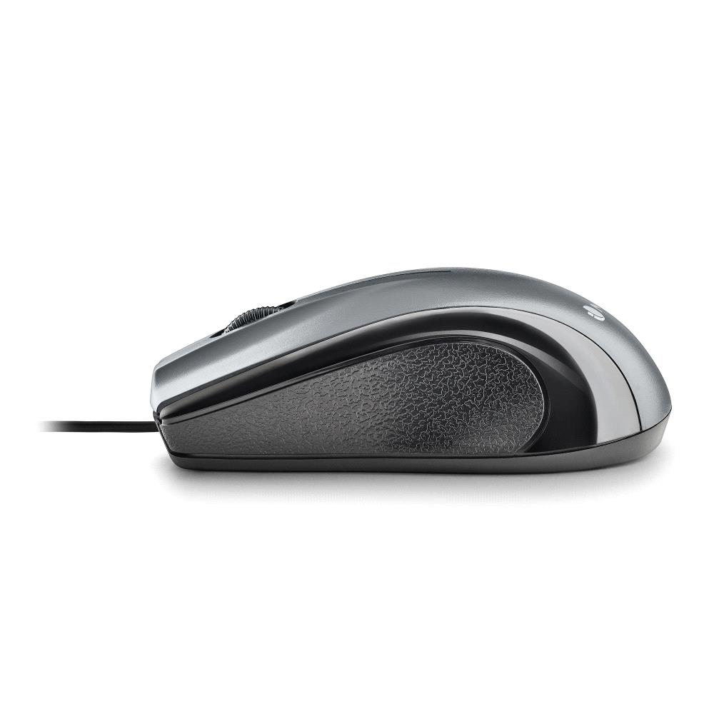 Un mouse grigio per computer su sfondo bianco. Ha un'impugnatura strutturata, una rotella di scorrimento e un cavo nero.