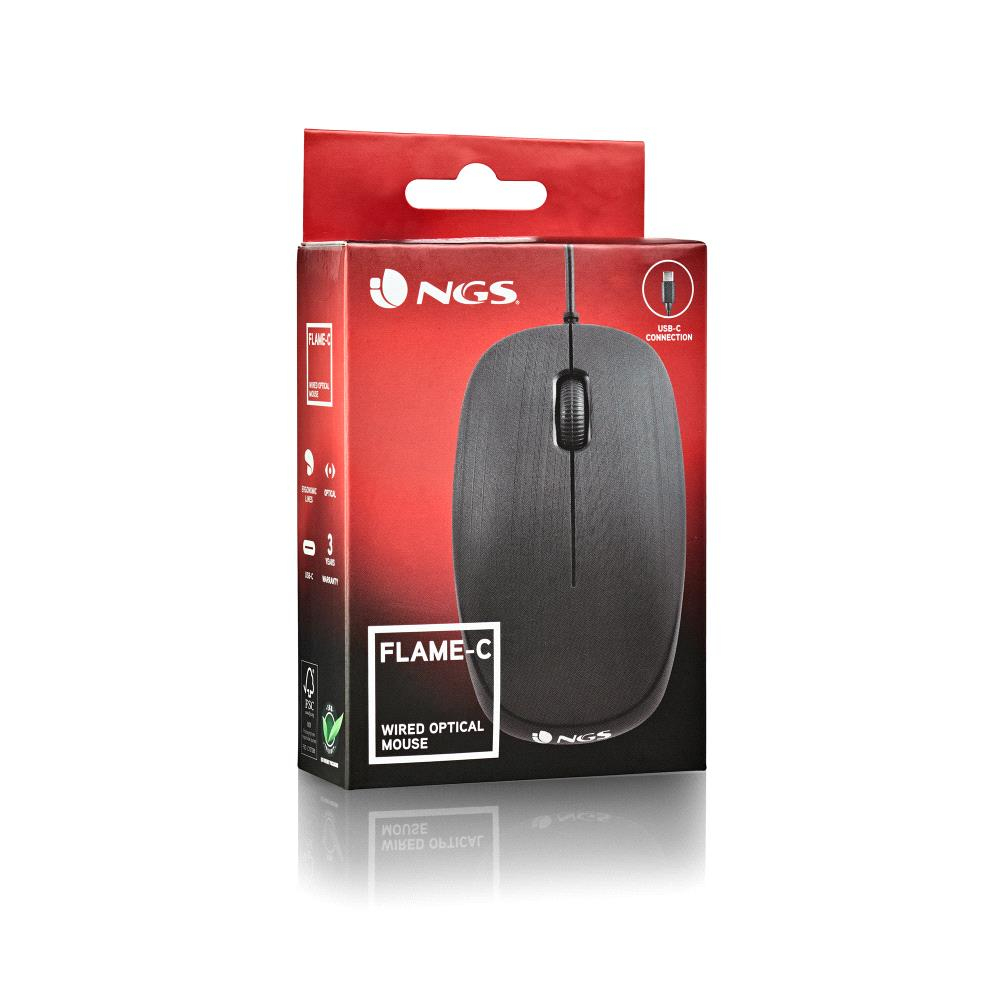 Czarna przewodowa mysz optyczna NGS Flame-C w czerwono-czarnym opakowaniu. Posiada złącze USB-C i szczegóły gwarancji.
