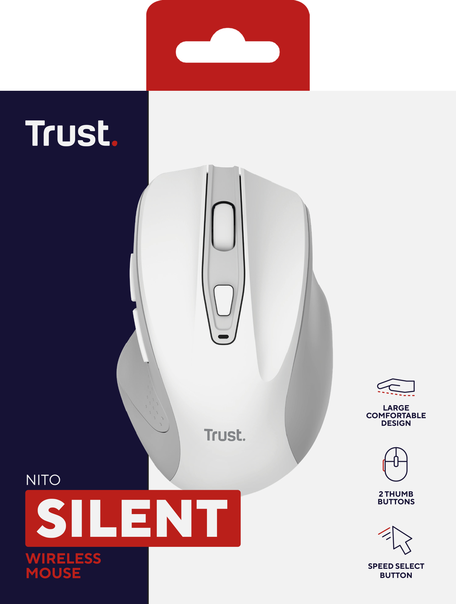 Biała mysz bezprzewodowa Trust na opakowaniu. Pudełko jest biało-granatowe, z czerwonymi akcentami. Posiada 2 przyciski kciuka.