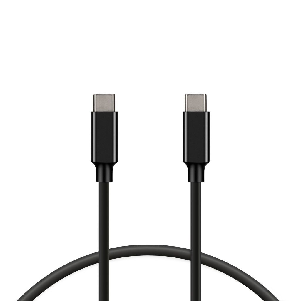 Due cavi USB-C neri su sfondo bianco. Le testine dei cavi sono grigie, i cavi formano un arco in basso.