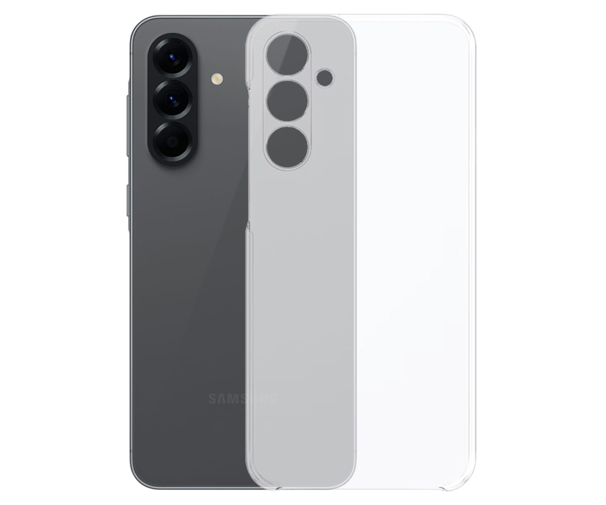 Dos smartphones, uno gris oscuro con 3 cámaras, el otro gris claro con 3 círculos y 1 punto, con una funda transparente.