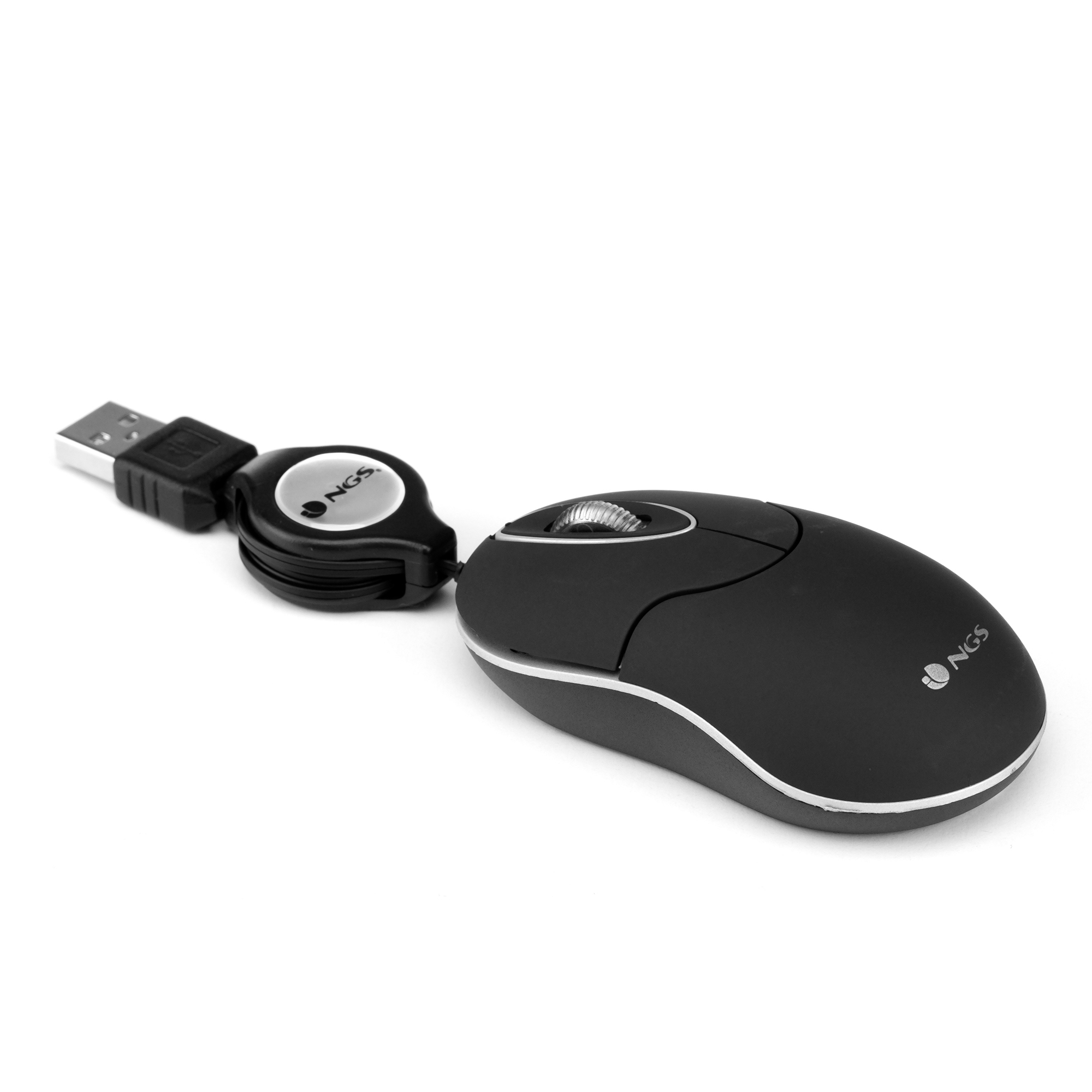 Black computer mouse with silver trim, USB cable, and logo. Isolated on white background.