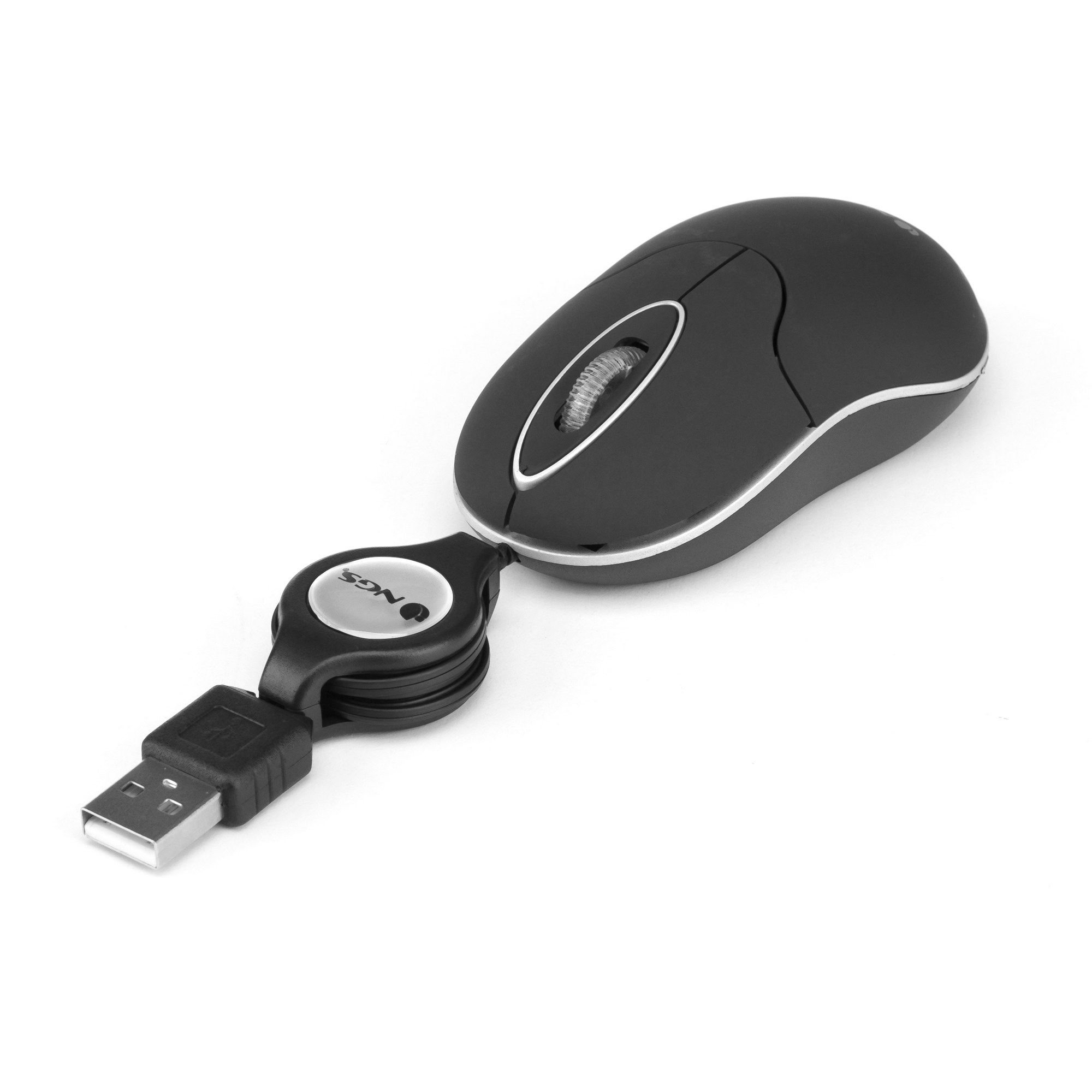 Black computer mouse with a silver scroll wheel and USB connector on a white background.