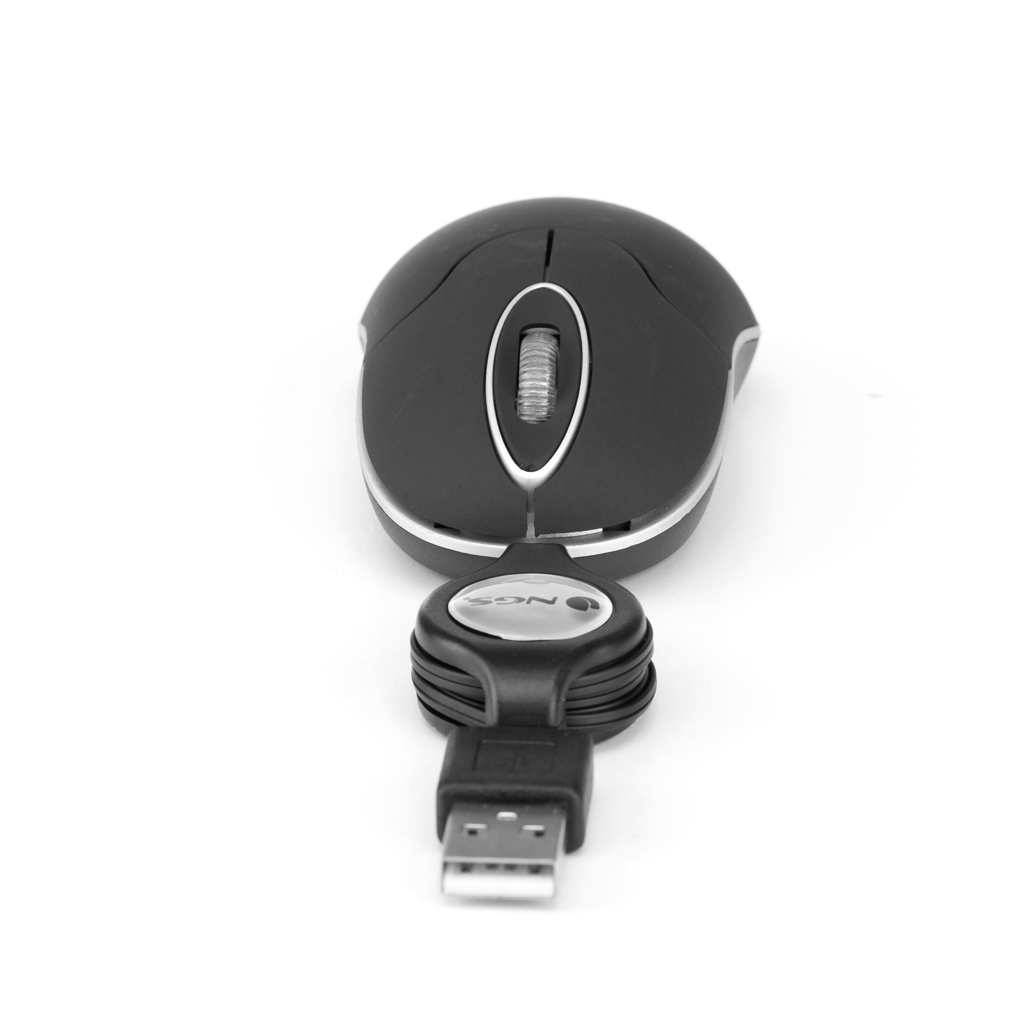 A black computer mouse with a silver scroll wheel and a USB cable is on a white background.