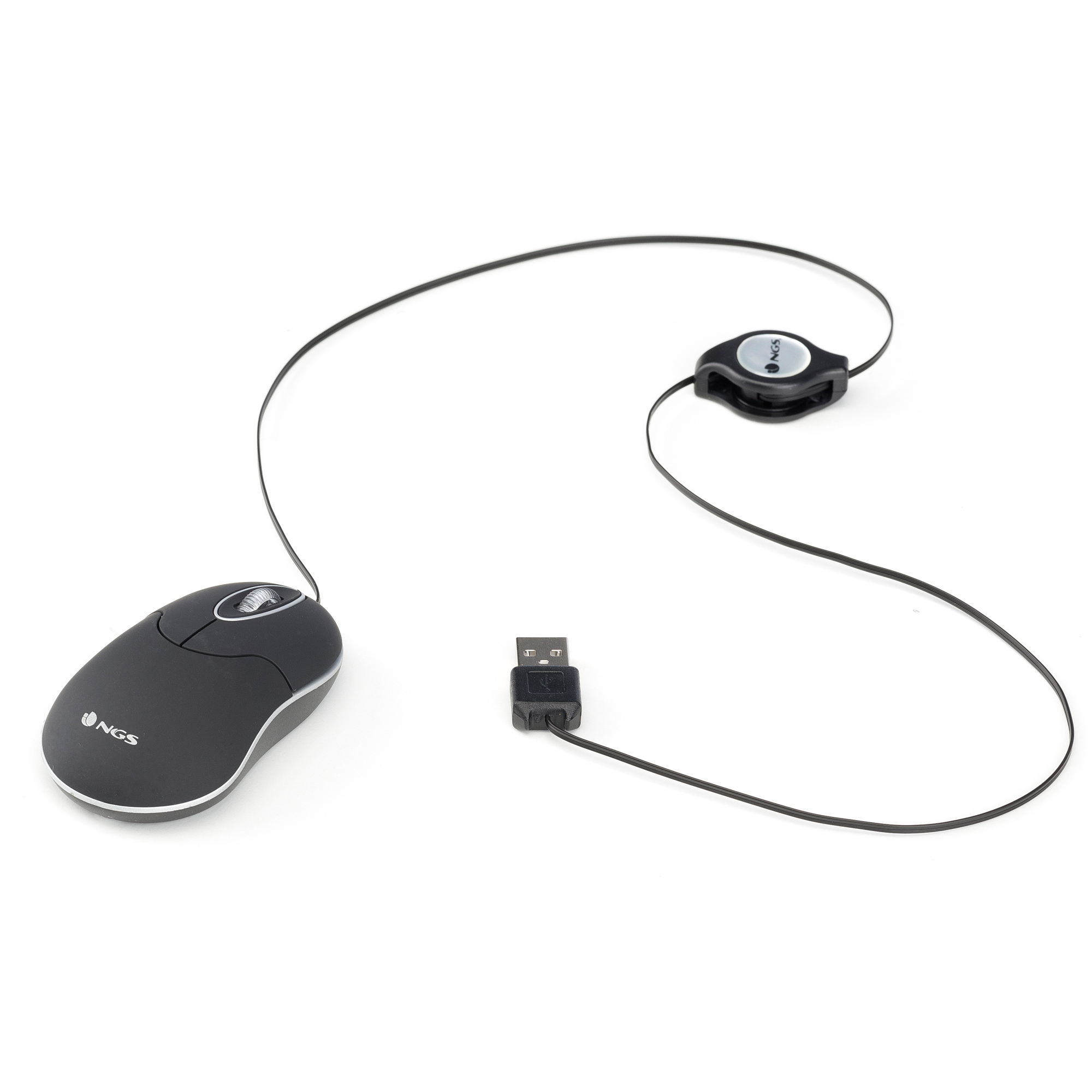 Black NGS mouse with retractable cord and USB connector on a white background. Mouse, cord, and USB are black.