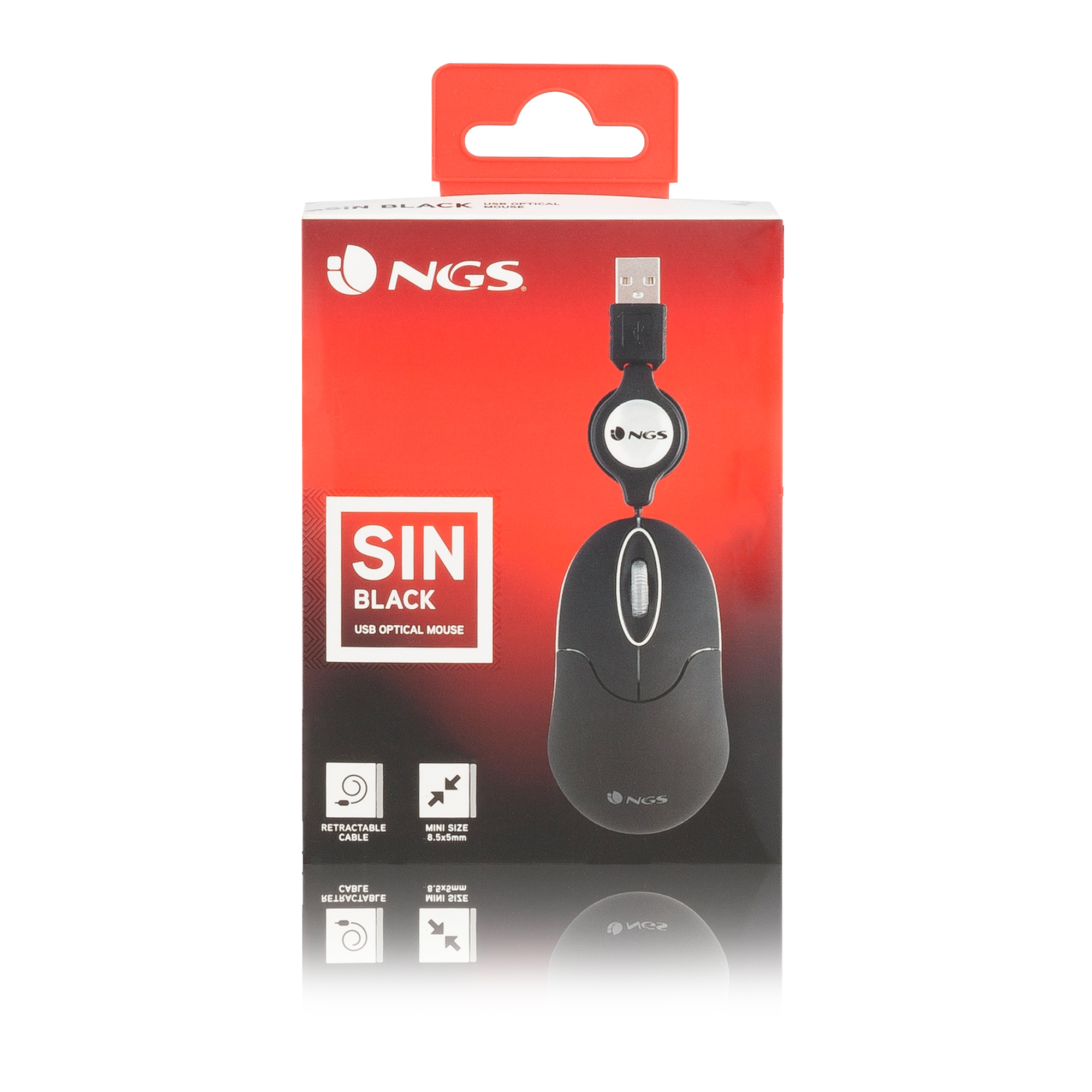 A black USB optical mouse in a red and black box. The box says 'SIN BLACK'. The mouse has a retractable cable.