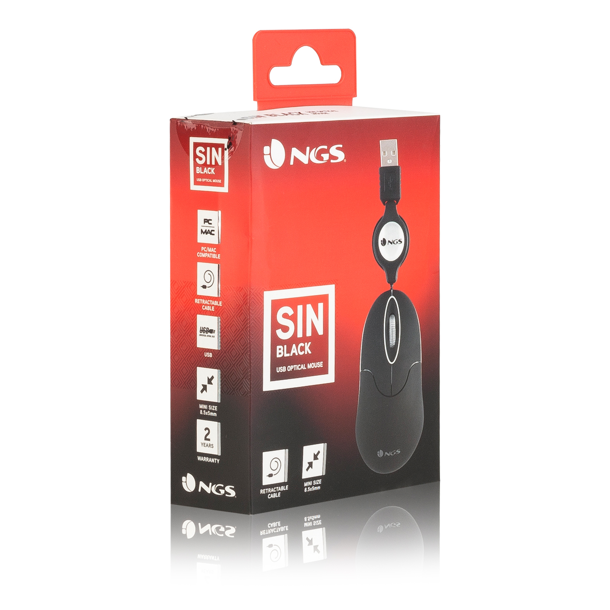 A black NGS SIN USB optical mouse in its red and black box. The mouse is connected to the box.