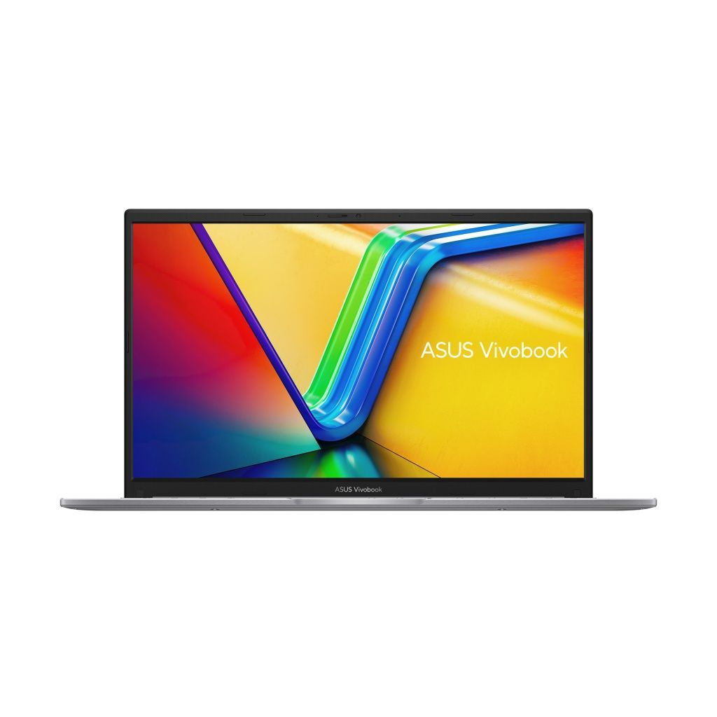 Un laptop argentato è aperto, che mostra grafiche astratte colorate. Lo schermo mostra ASUS Vivobook. Lo sfondo è bianco.
