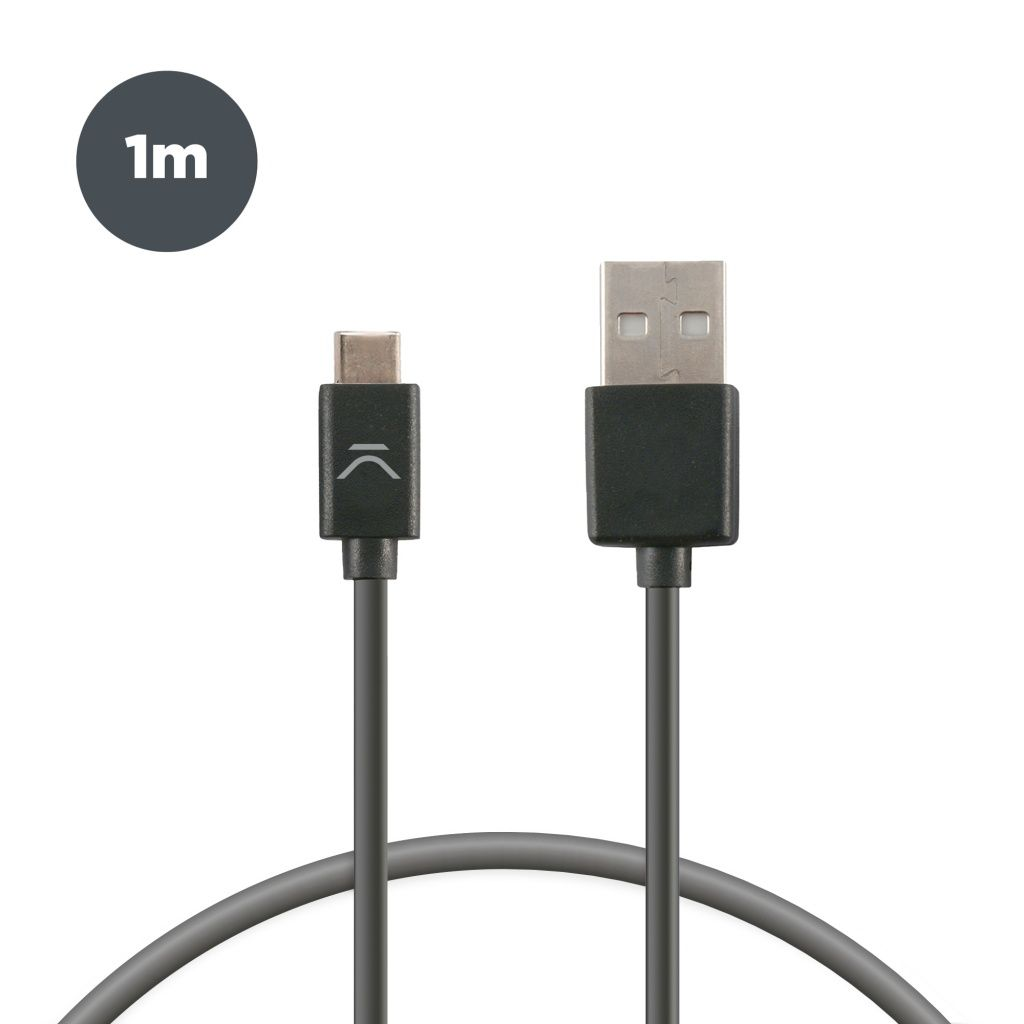Un cable gris USB-C a USB-A. Una etiqueta circular muestra '1m'. El cable tiene un conector USB-C a la izquierda y USB-A a la derecha.