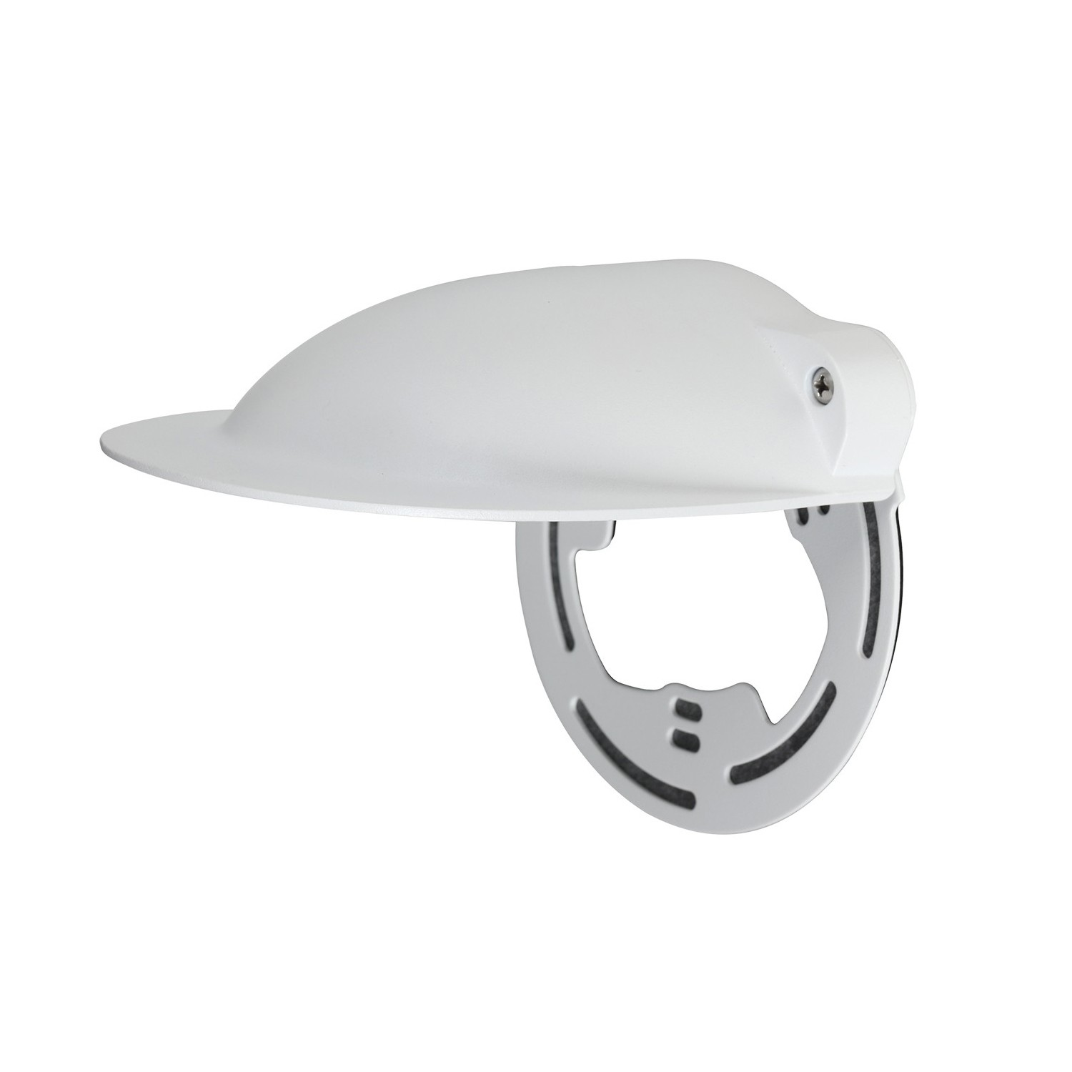 Un oggetto bianco a forma di visiera con base circolare e design curvo, su sfondo bianco.