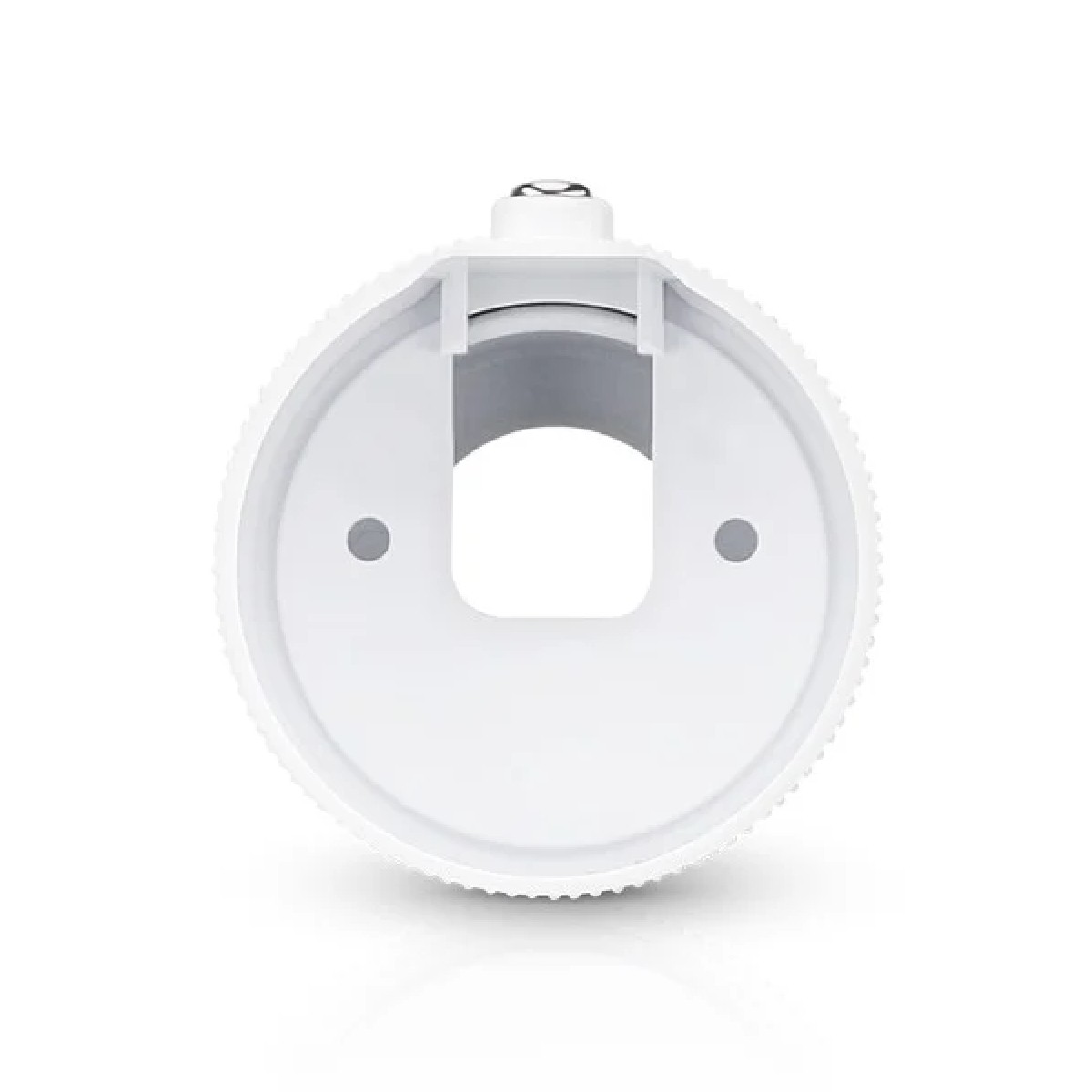 Un dispositivo bianco e circolare con un'apertura quadrata e due piccoli fori. Ha un bordo strutturato e un piccolo componente argentato in alto.