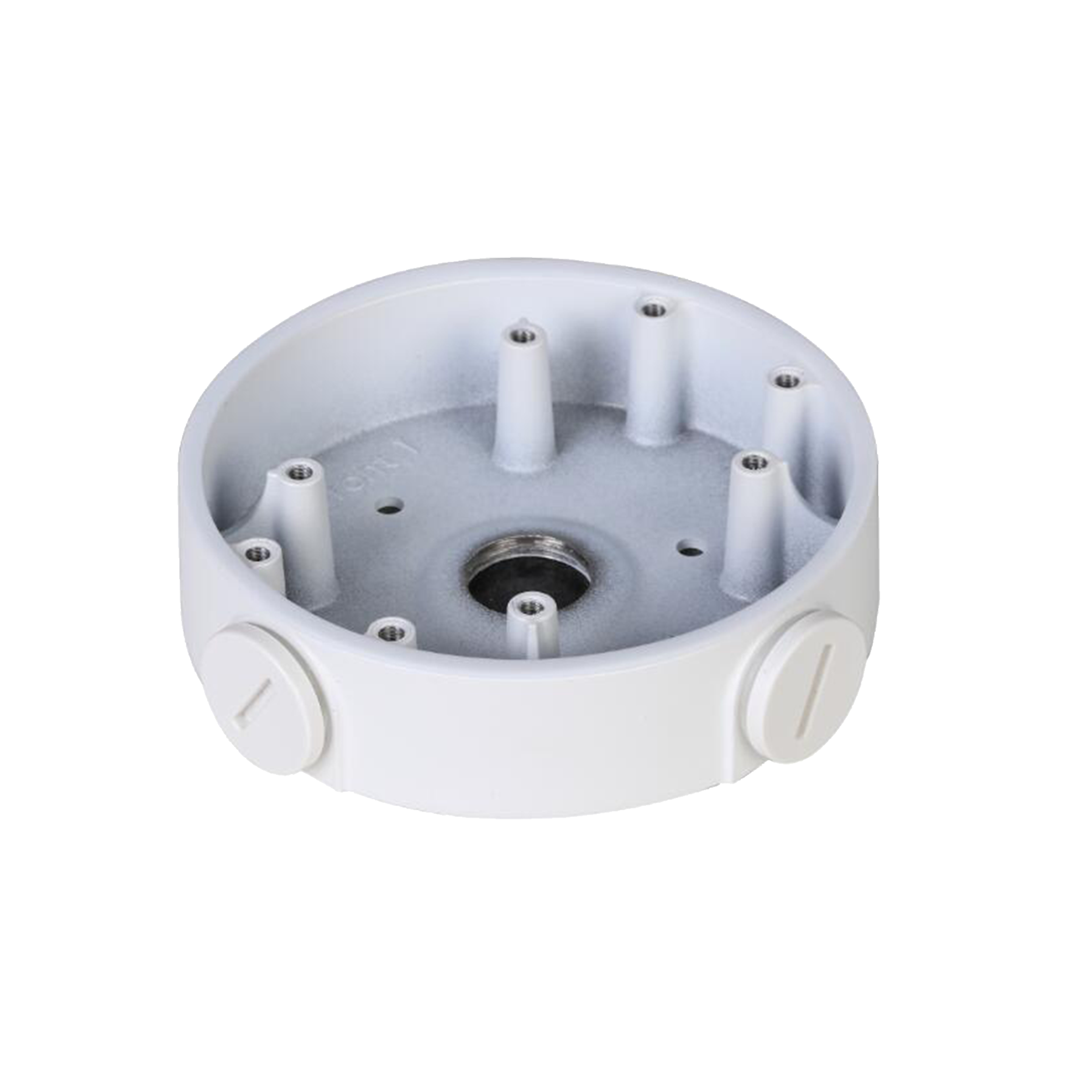 Una scatola elettrica bianca e rotonda con diversi fori per viti e due coperchi a vite. All'interno ci sono fori filettati in metallo.