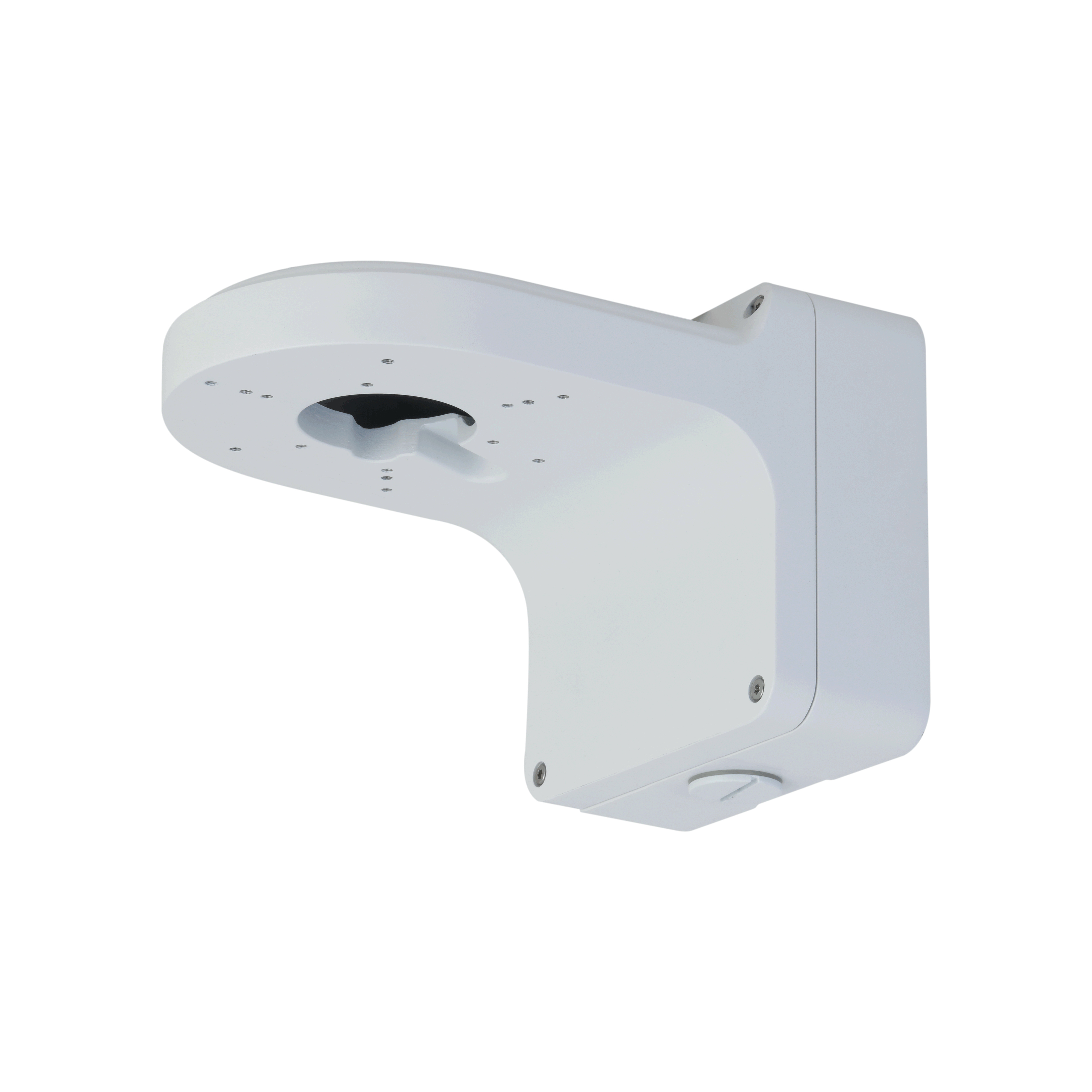 Una staffa bianca per telecamera di sicurezza. È montata su un muro bianco. La staffa ha un design curvo.
