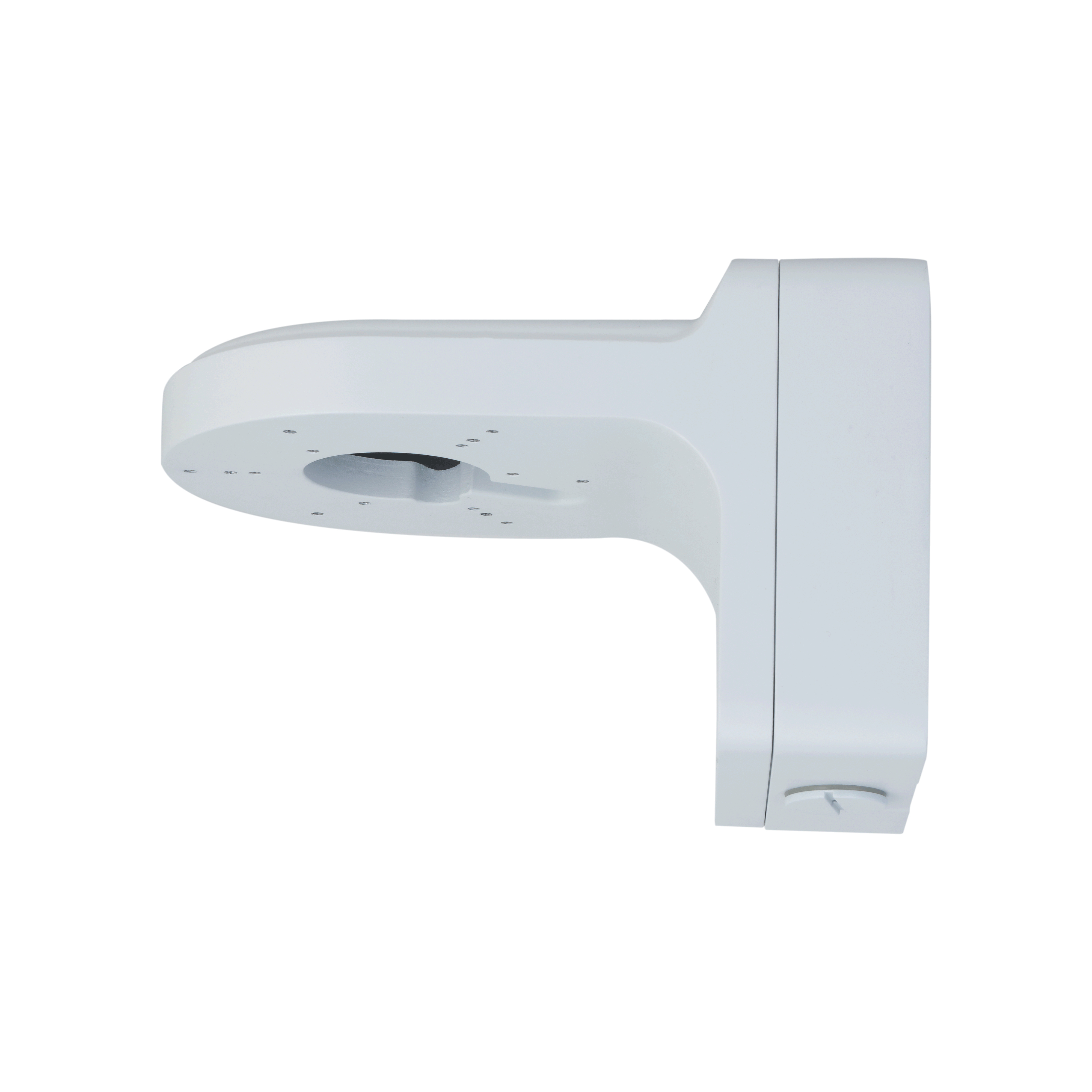 Un supporto bianco per telecamere di sicurezza. Ha un braccio curvo e una base rettangolare. Lo sfondo è bianco.