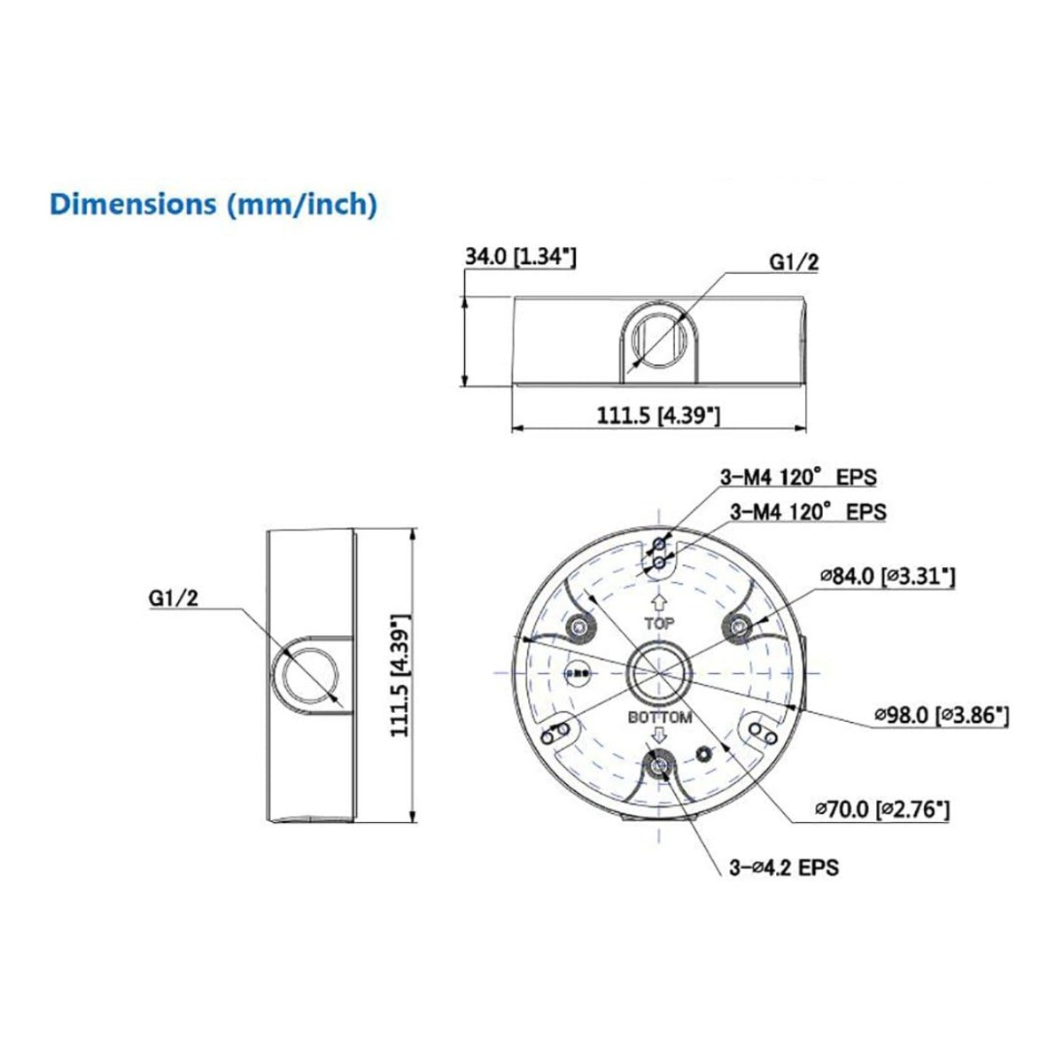 Disegno tecnico con dimensioni in mm/pollici, incluse viste di un componente meccanico.