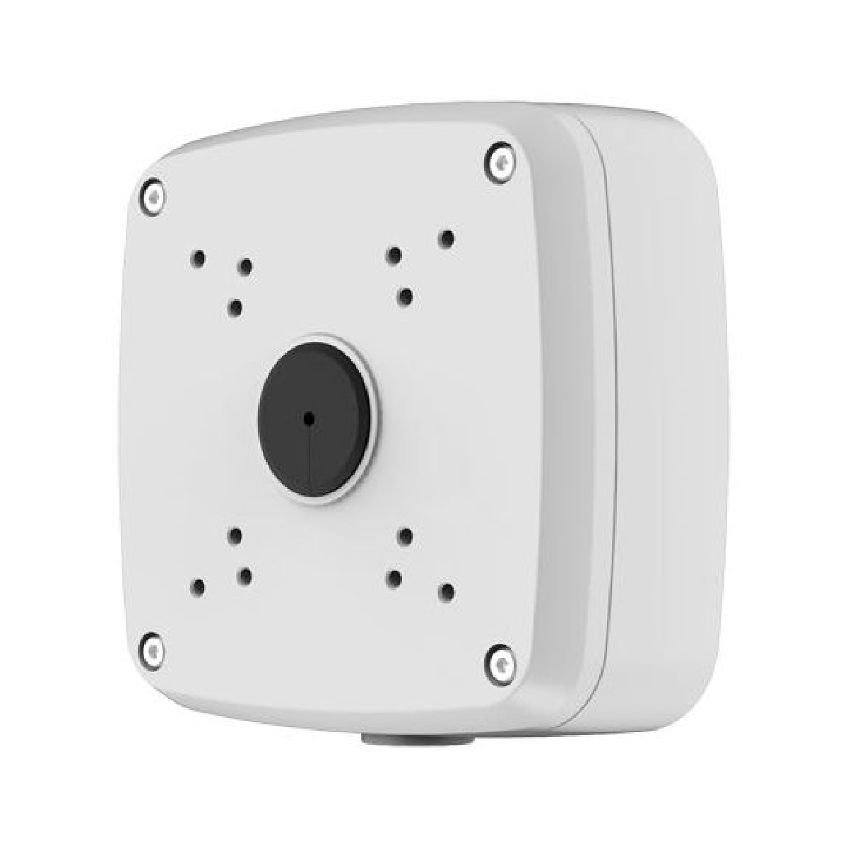 Un dispositivo bianco, di forma quadrata, con un componente nero e circolare al centro. Ha fori di montaggio e viti.