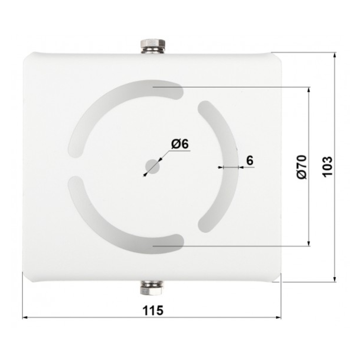 Oggetto bianco, rettangolare con linee curve, dimensioni e bulloni. Ha un design circolare e misure: Ø6, 6, Ø70, 103 e 115.