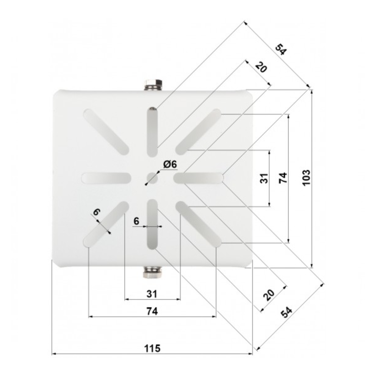 Piastra metallica bianca con dimensioni e ritagli. Misure: Ø6, 6, 20, 31, 54, 74, 103, 115. Include due attacchi a vite.