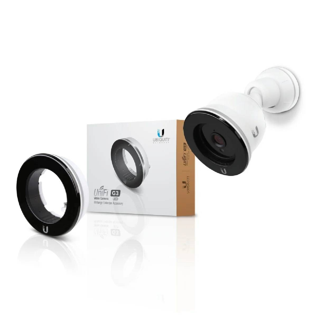 Telecamera Unifi G3 bianca con lente e anello neri. Scatola mostra l'anello della fotocamera, logo del marchio. Fotocamera montata e anello visibili.