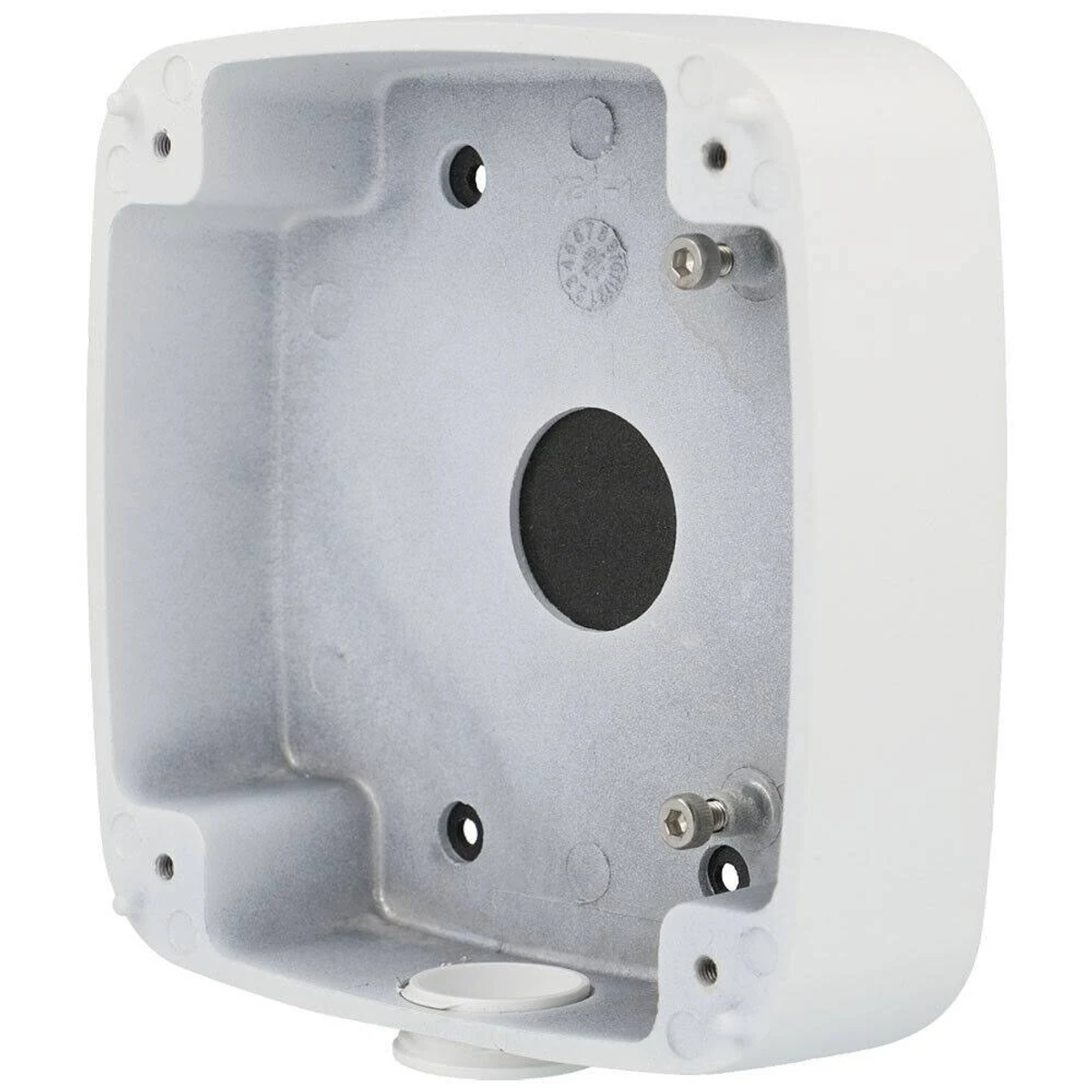 Scatola elettrica bianca e rettangolare. Interno grigio con un grande foro centrale e diversi fori più piccoli. Viti visibili.